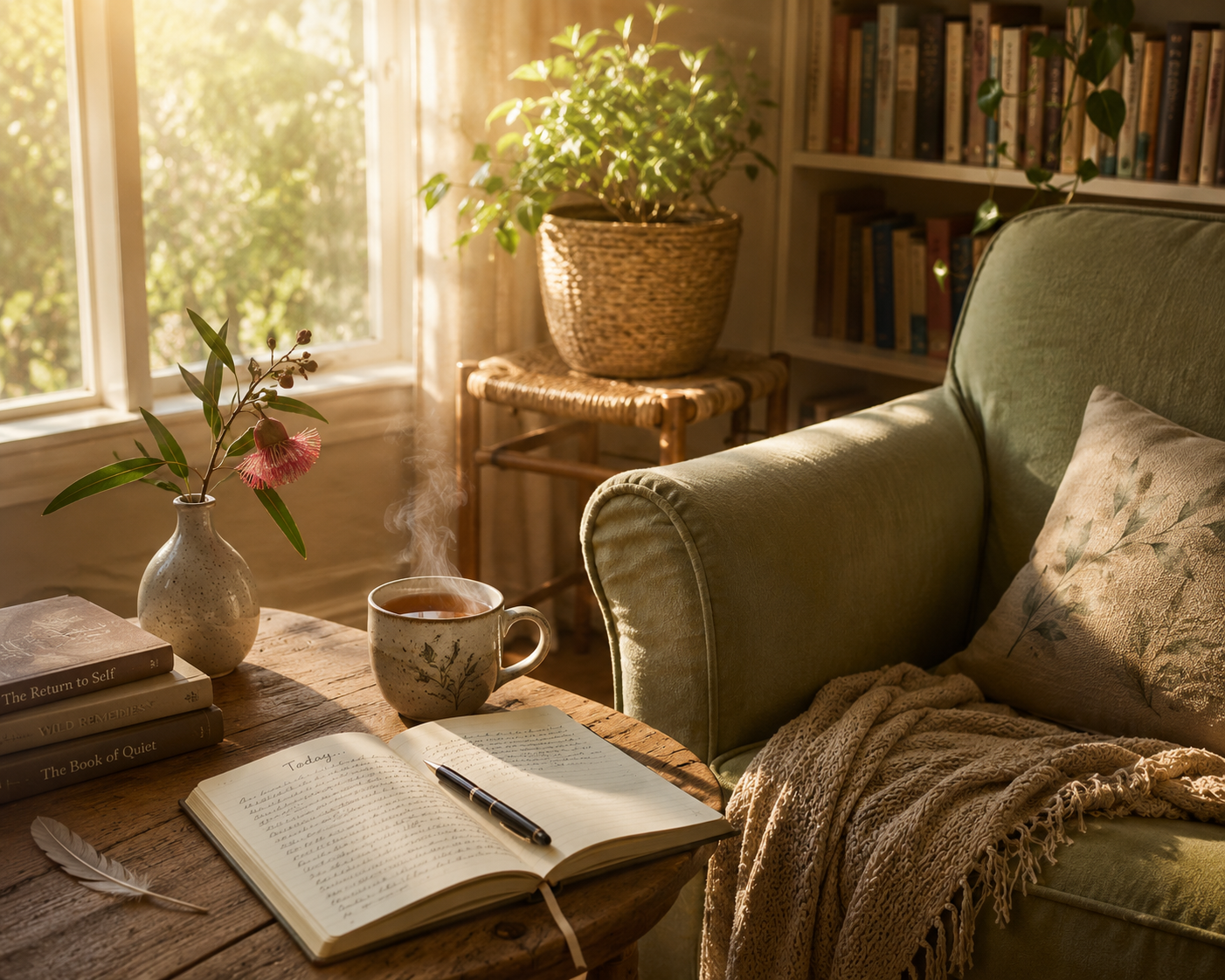 A cozy reading nook with a wooden table, a steaming cup, an open journal, and a vase with pink flowers. Sunlight streams through a window, illuminating a green armchair with a floral pillow, a bookshelf, and potted plants.