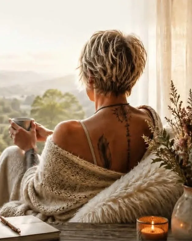 A woman with short, blonde hair sitting by a window, holding a mug, with a view of trees outside. She has multiple tattoos on her back and is wrapped in a cozy, cream-colored blanket. There is a notebook with a pen and a lit candle on the table, along with a vase of flowers.