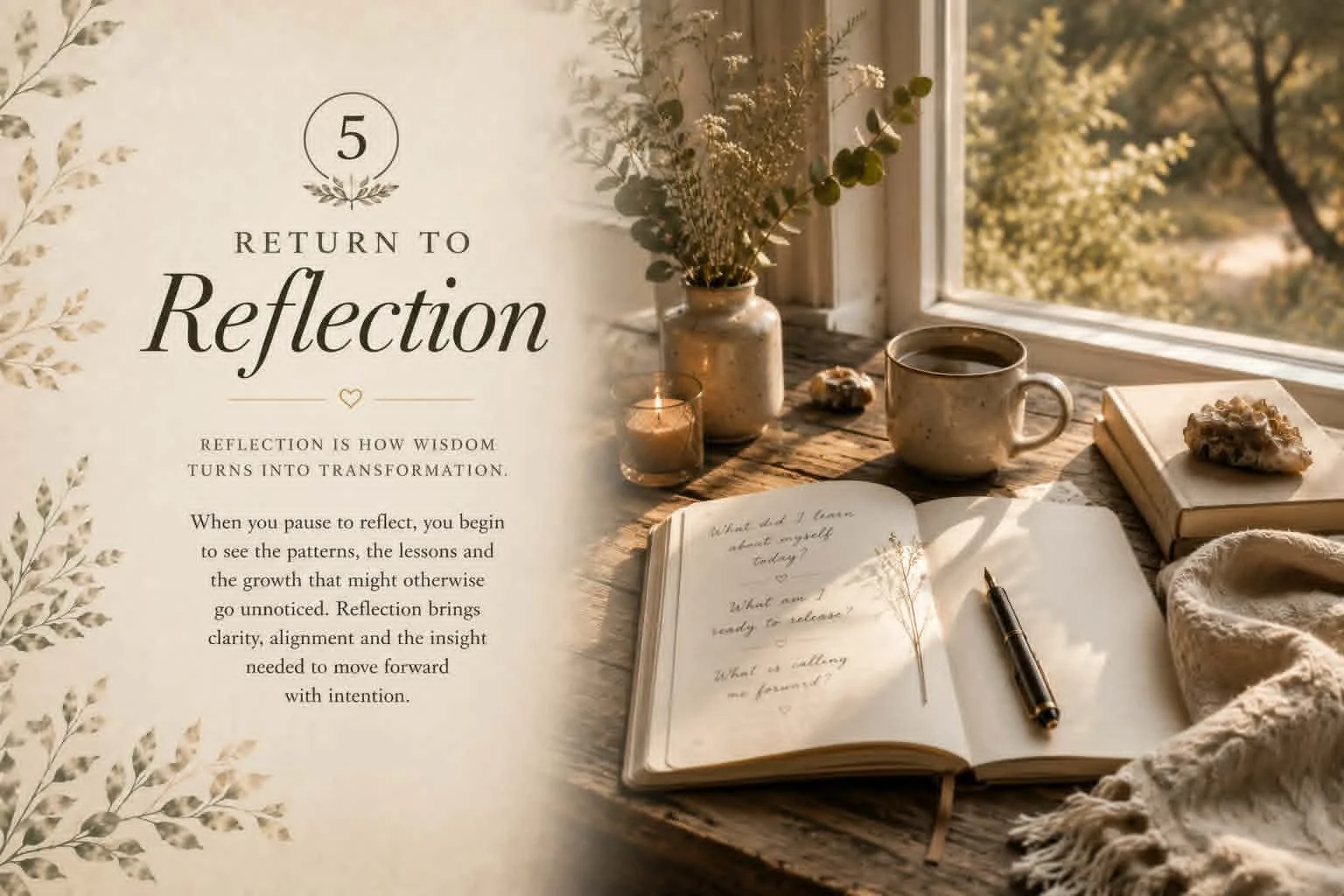 Open journal with handwritten notes, a pen, a candle, a cup of coffee, a notebook with a rock on top, and a vase with flowers by a window displaying a sunny outdoor scene.