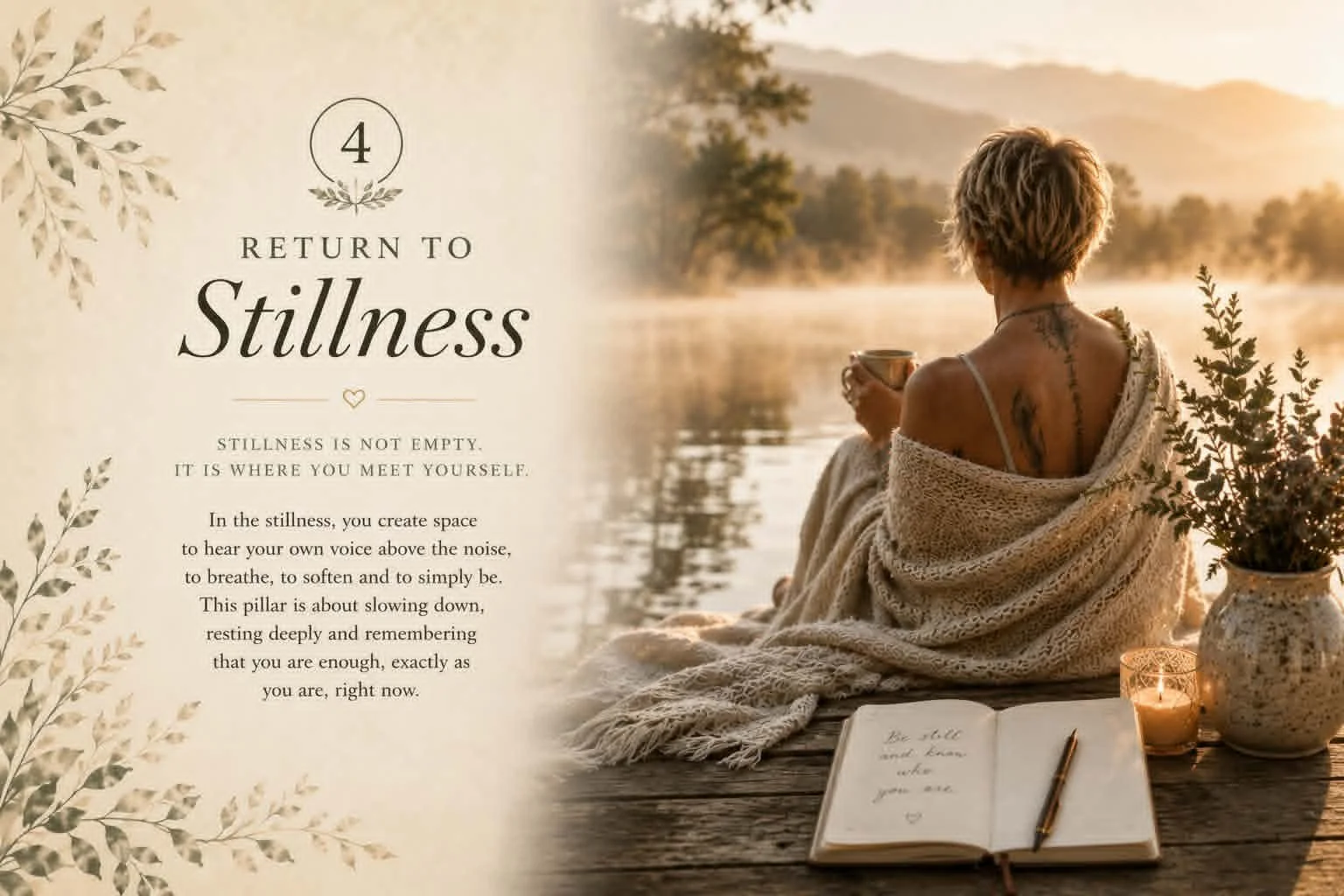 A woman sitting by a lake during sunrise, wrapped in a blanket, holding a cup, with a notebook, a pen, a lit candle, and a vase of flowers nearby, surrounded by nature.
