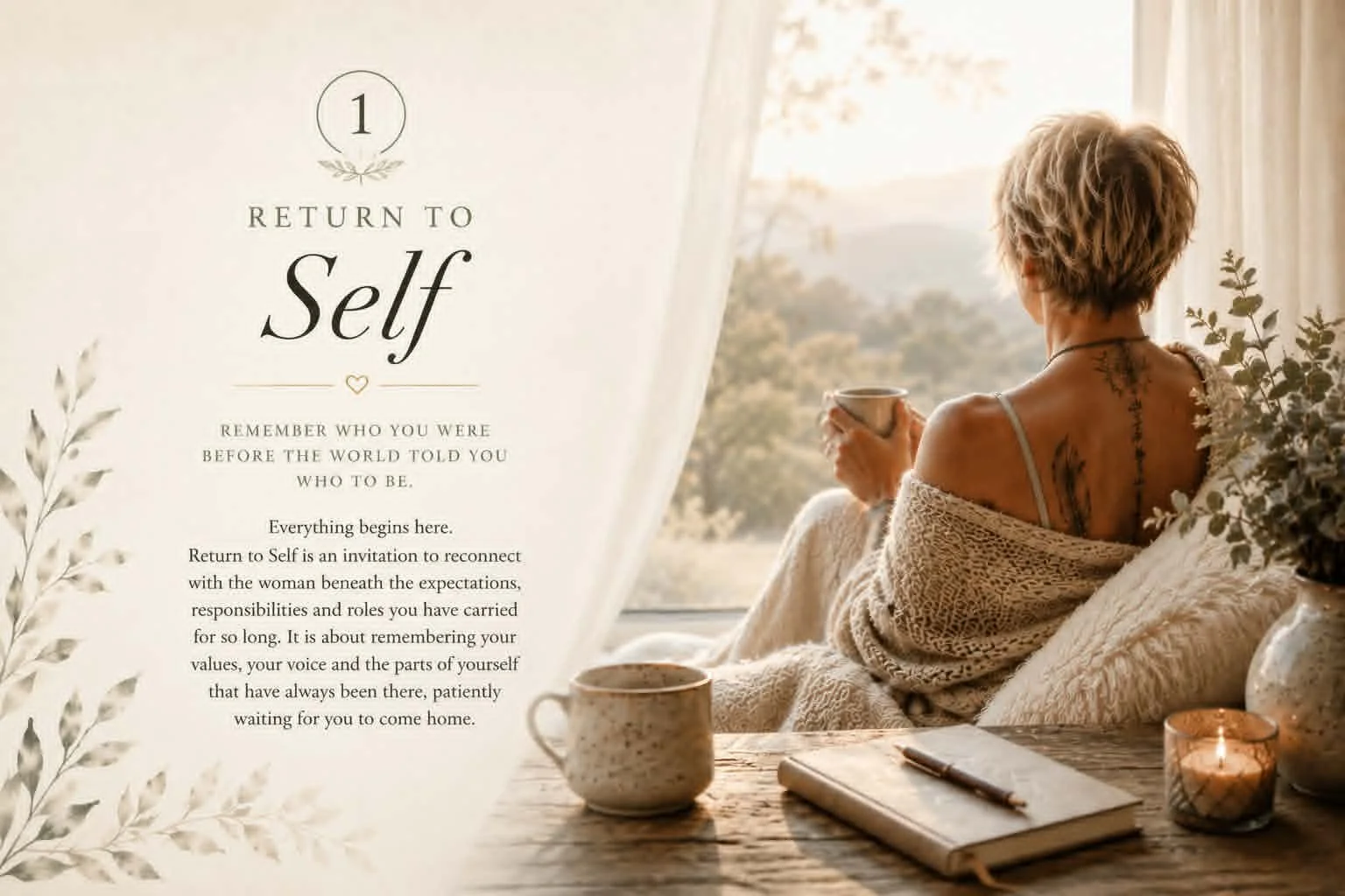 A woman with short blonde hair, tattoos, and a cozy sweater, sitting by a window with a scenic view, holding a mug. The scene features a rustic table with a notebook, a pen, a lit candle, and a coffee mug, creating a peaceful, introspective atmosphere.