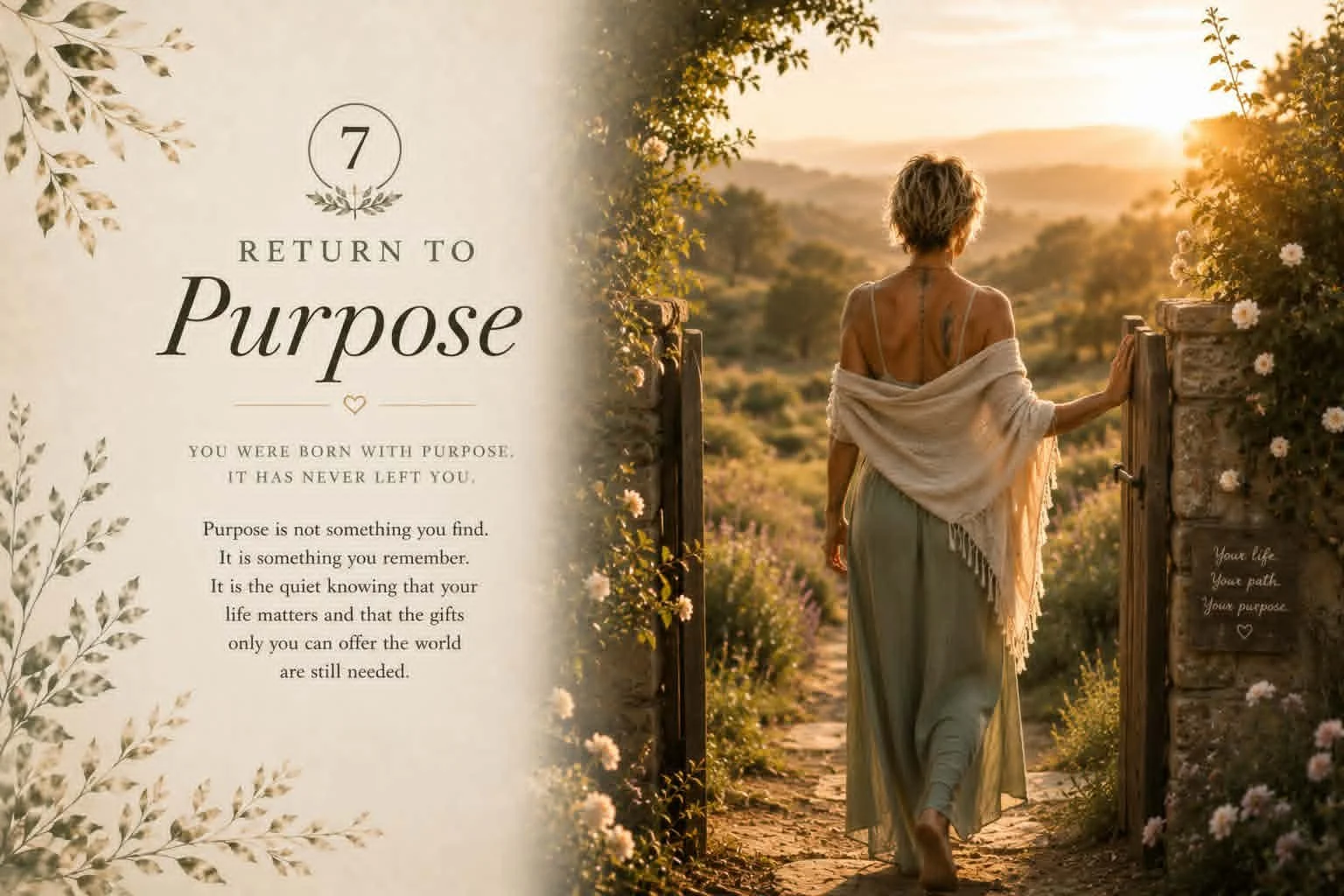 Inspirational quote about purpose with a woman walking through a garden gate at sunset.