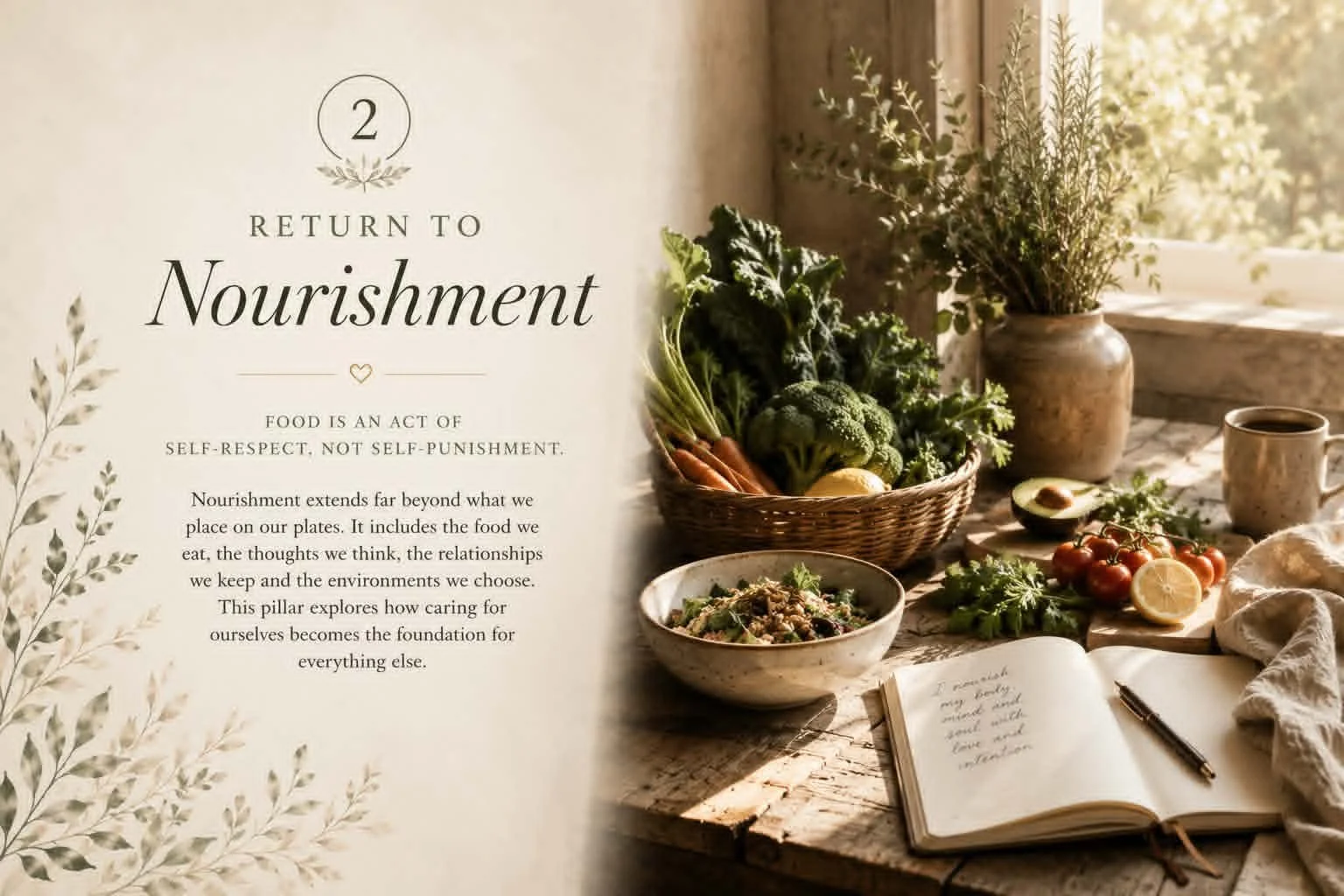 An open book, a pen, a bowl of salad, a basket of fresh vegetables, a lemon cut in half, tomatoes, a cup of coffee, and a vase with greenery on a rustic wooden table near a window.