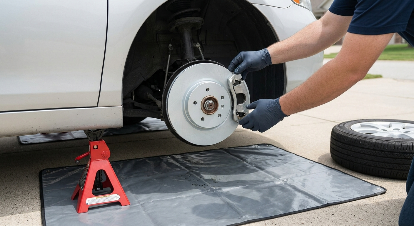 A person changing a car brakes