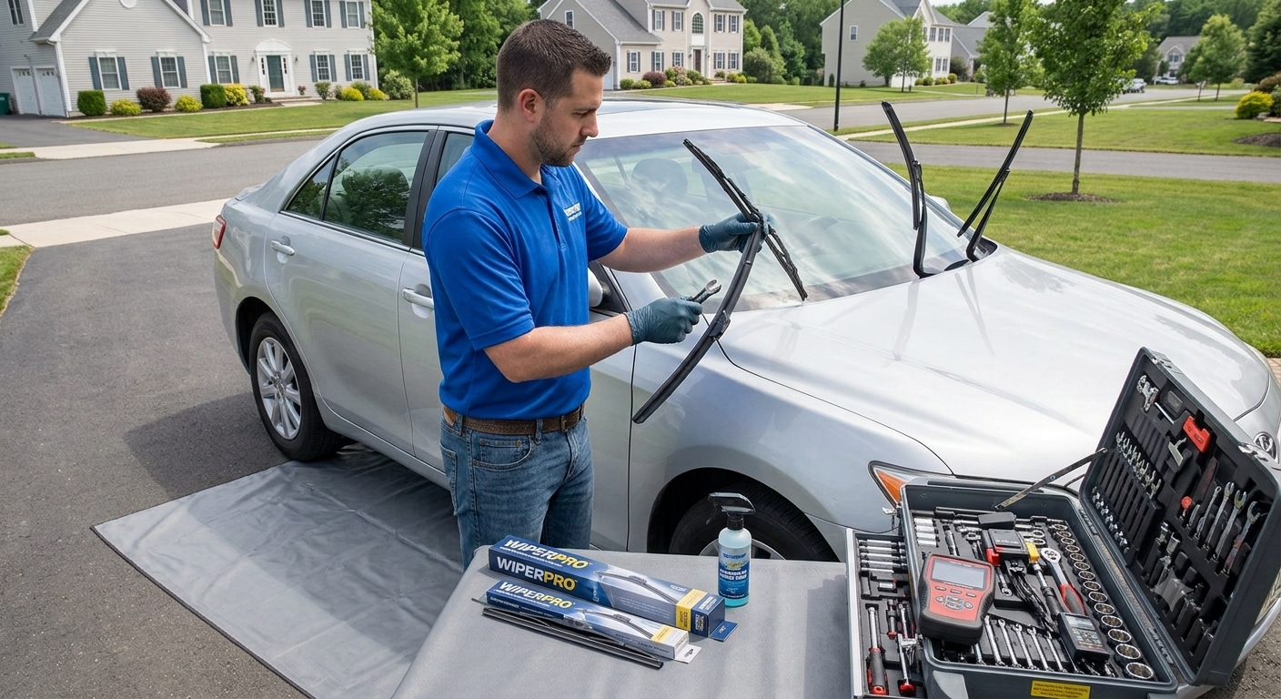 A man in a blue shirt and gloves is working on a silver sedan's windshield wipers in a residential neighborhood. A tool kit with various tools, a spray bottle, and windshield wipers are on a table nearby.