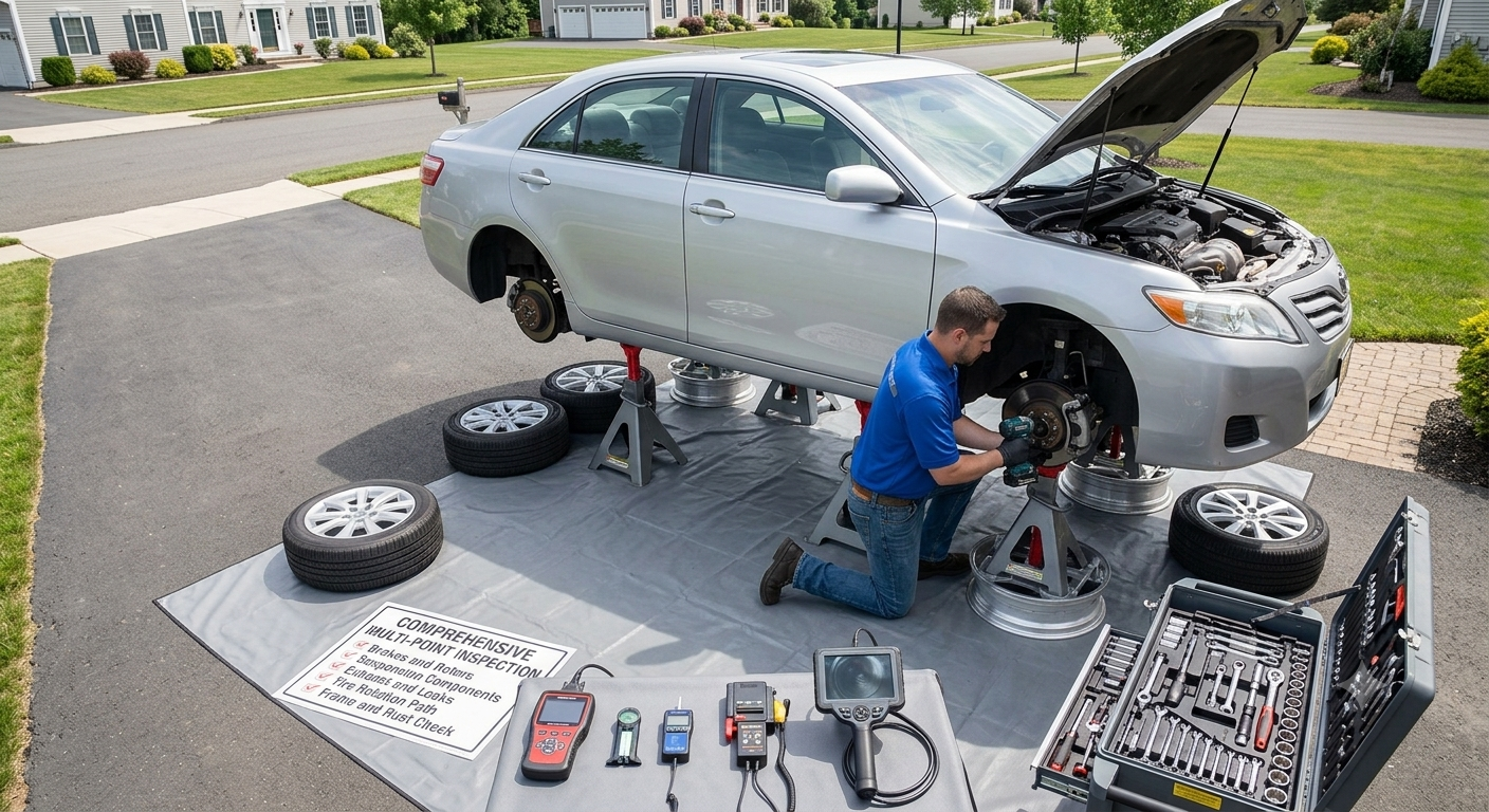 A mechanic working under a silver sedan that is elevated on jack stands and wheel dollies in a driveway. The mechanic is doing tire rotations