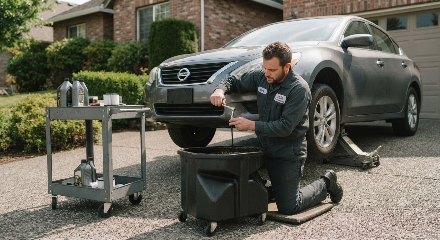 Auto mechanic working on car oil change in driveway outside a house, kneeling on a mat, with tools and oil bottles nearby.