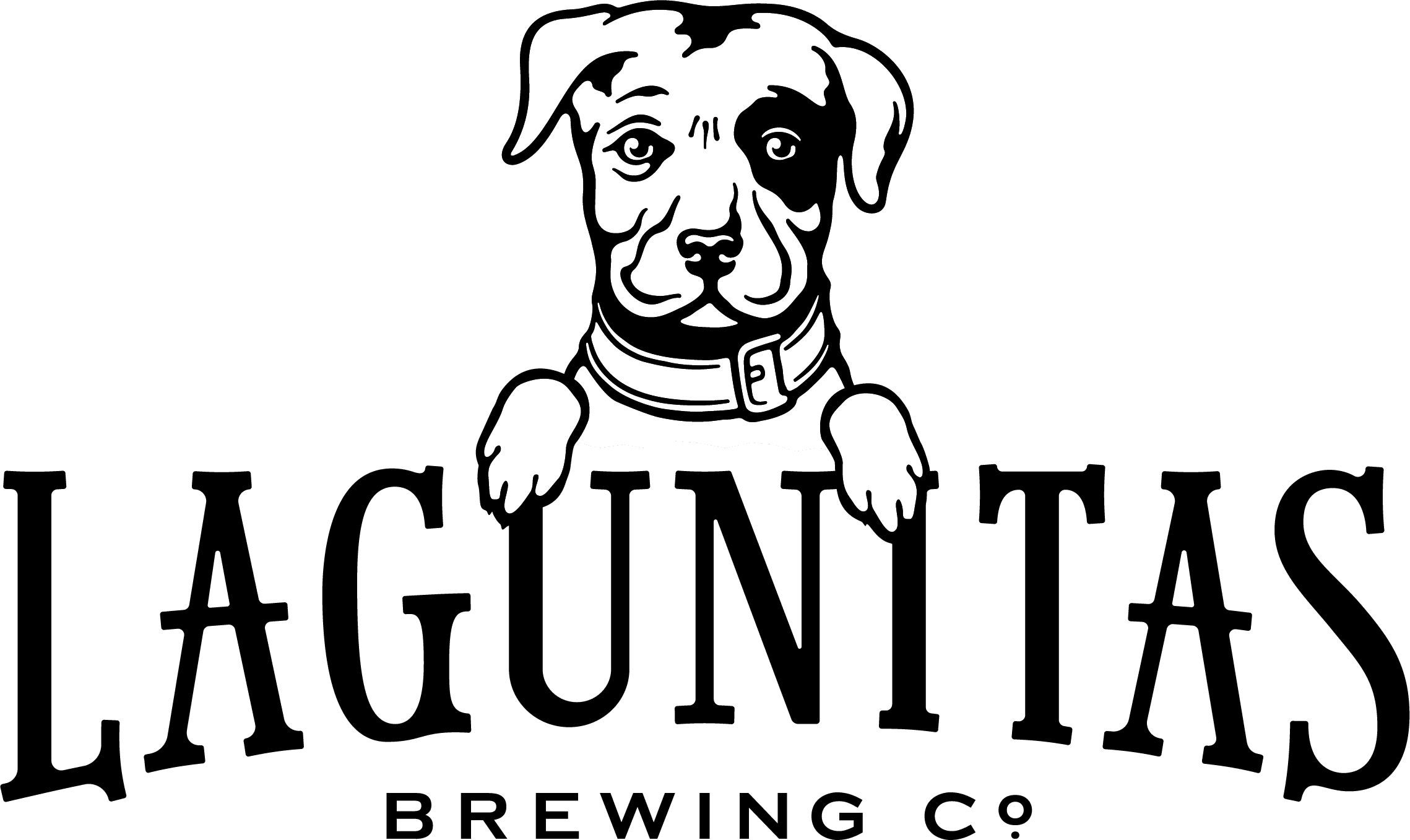 Black and white illustration of a dog with drooping ears, sitting with front paws on a surface, wearing a collar, with text underneath.