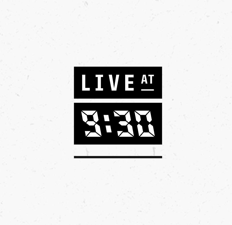 Digital clock displaying 9:30 with the words "LIVE AT" above it, on a white background.