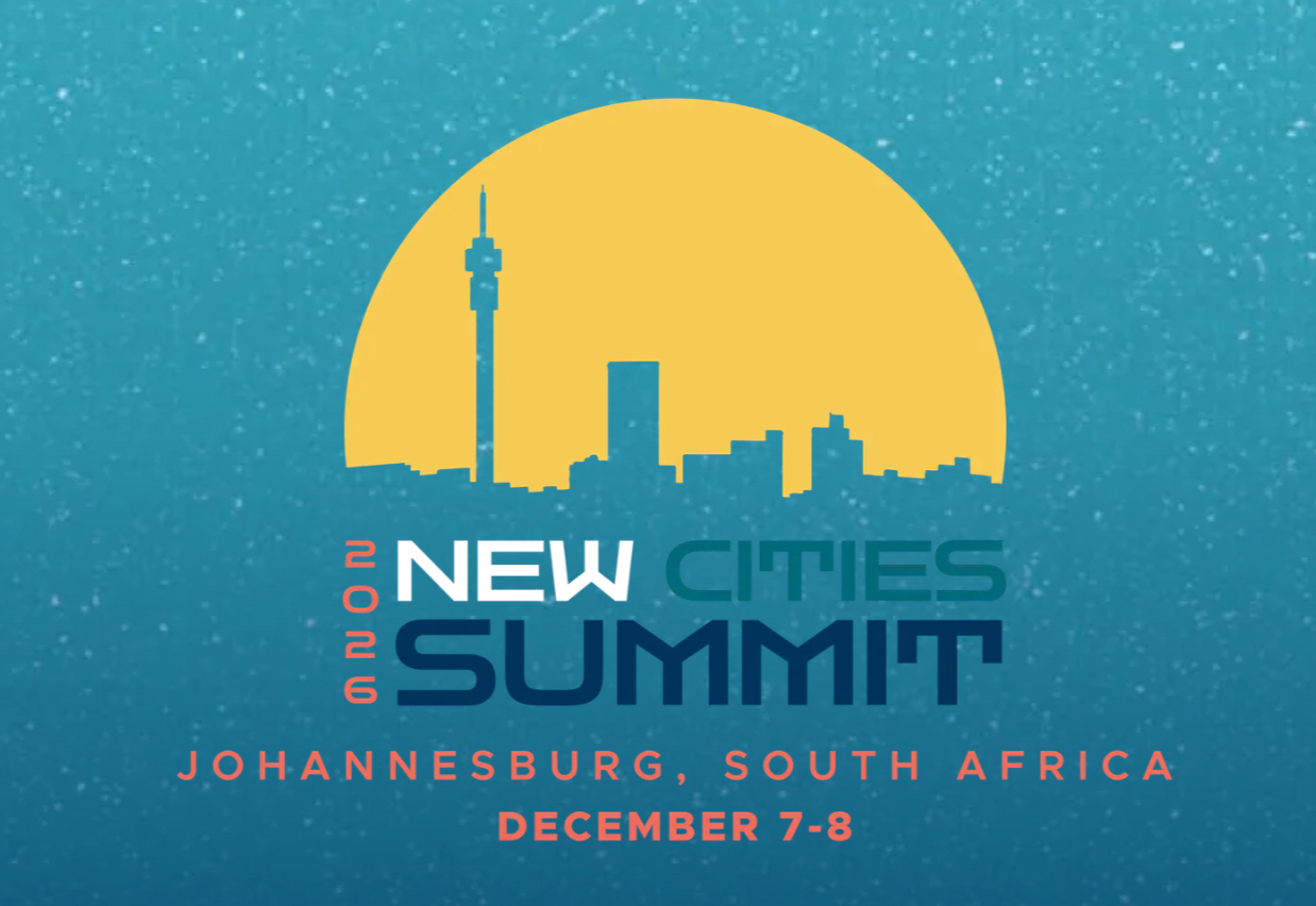 Logo for 2022 New Cities Summit in Johannesburg, South Africa, held December 7-8, featuring a yellow sun behind a city skyline silhouette.