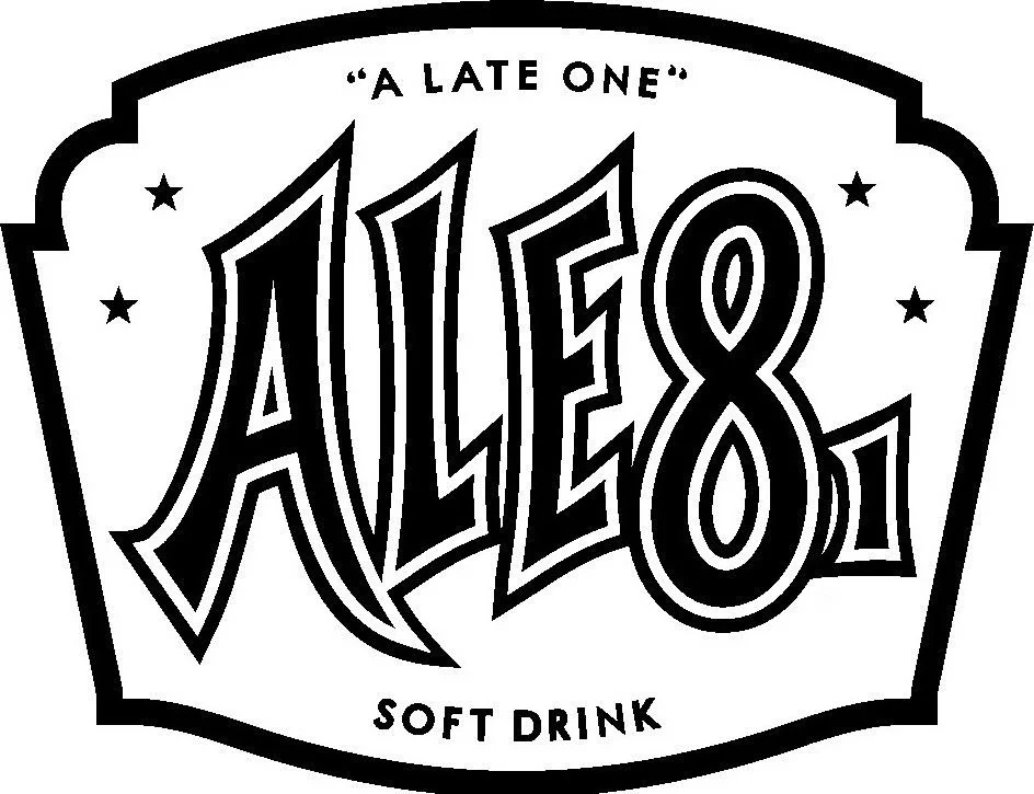 Logo for Ale8, a soft drink, with the slogan 'A LATE ONE' at the top.