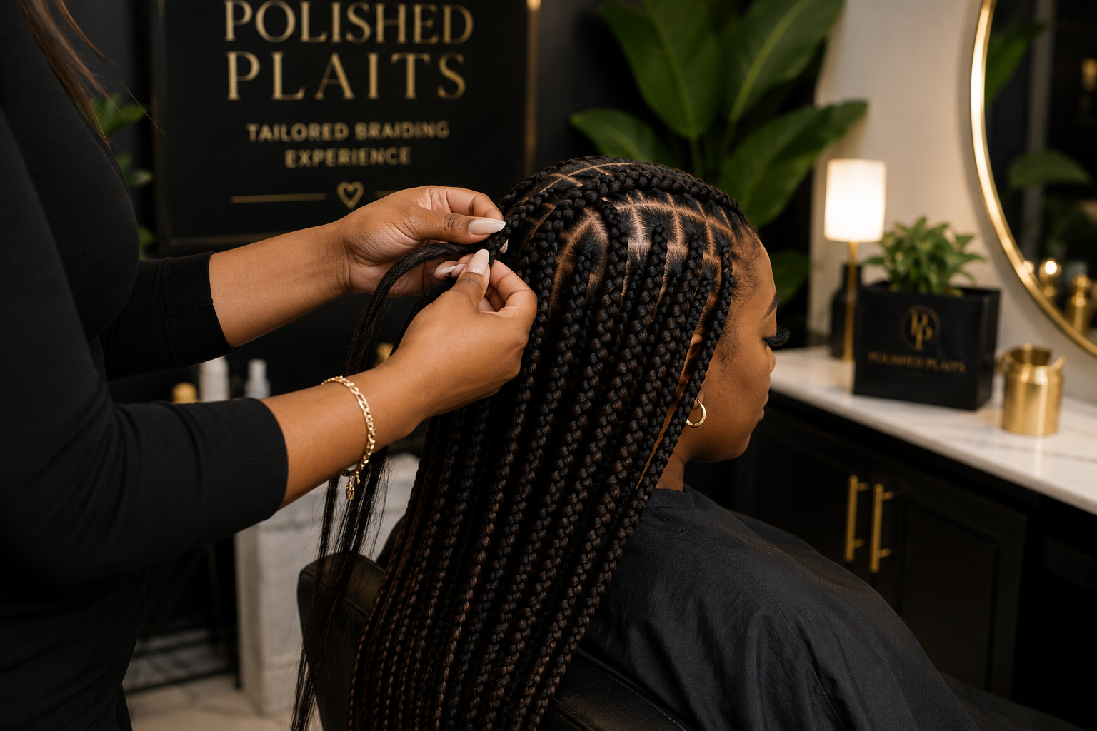 A woman with long braided hair getting her hair styled at a salon, with a focus on the hairstylist's hands and the woman's hair. The salon has black and gold decor, a mirror, plants, and a sign in the background that reads 'Polished Plaits, Tailored Braiding Experience.'