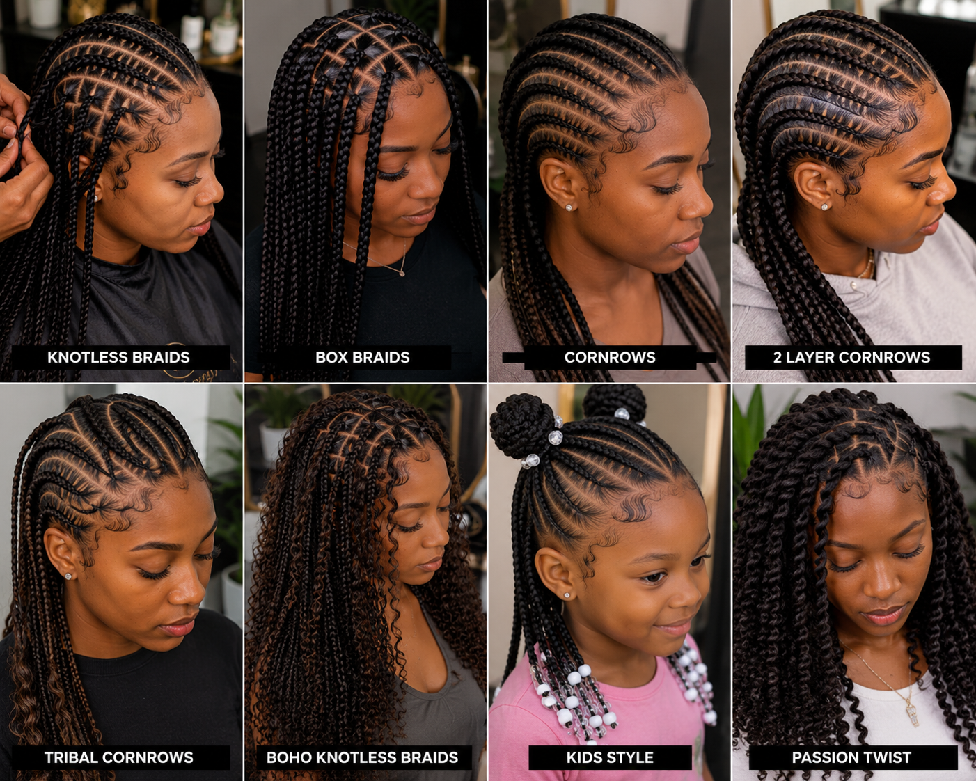 A collage of eight women and one girl showing different braiding hairstyles, including knotless braids, box braids, cornrows, 2-layer cornrows, tribal cornrows, boho knotless braids, kids style with beads, and passion twist.
