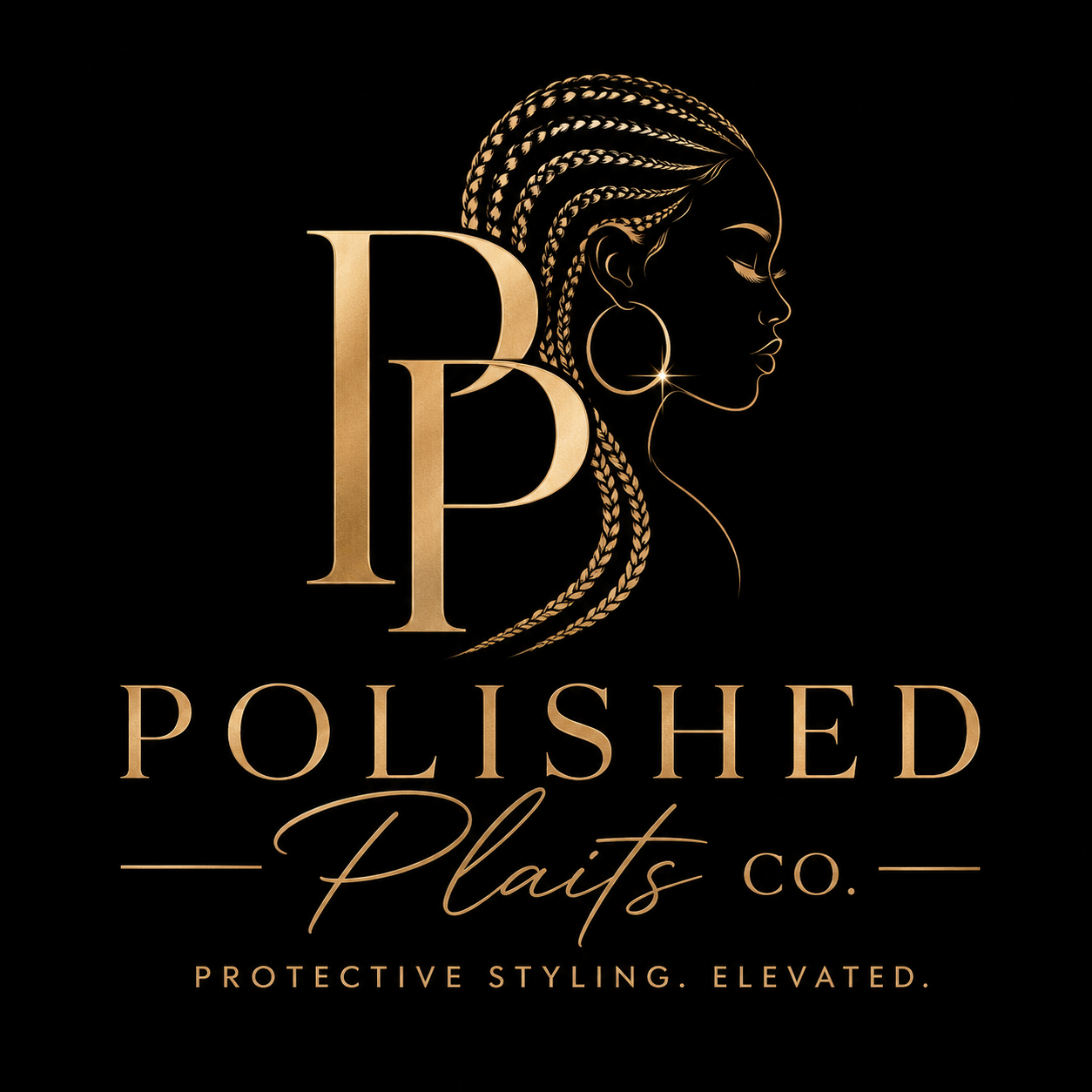Gold logo for Polished Plais co with a profile of a woman with braided hair and large hoop earrings, and the text "Polished Plais co." along with the tagline "Protective Styling. Elevated."