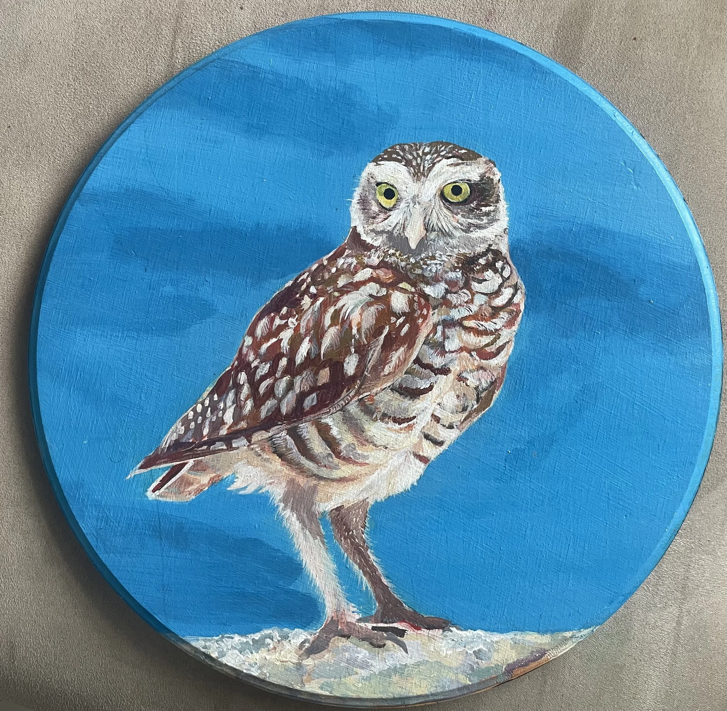 Painting of an owl on a blue circular background.