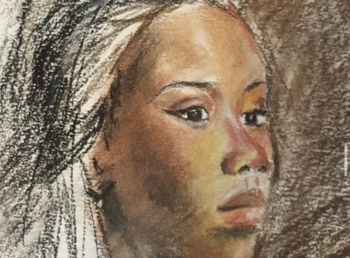 A realistic drawing of a woman with light skin, makeup, and long hair, looking slightly to the right.