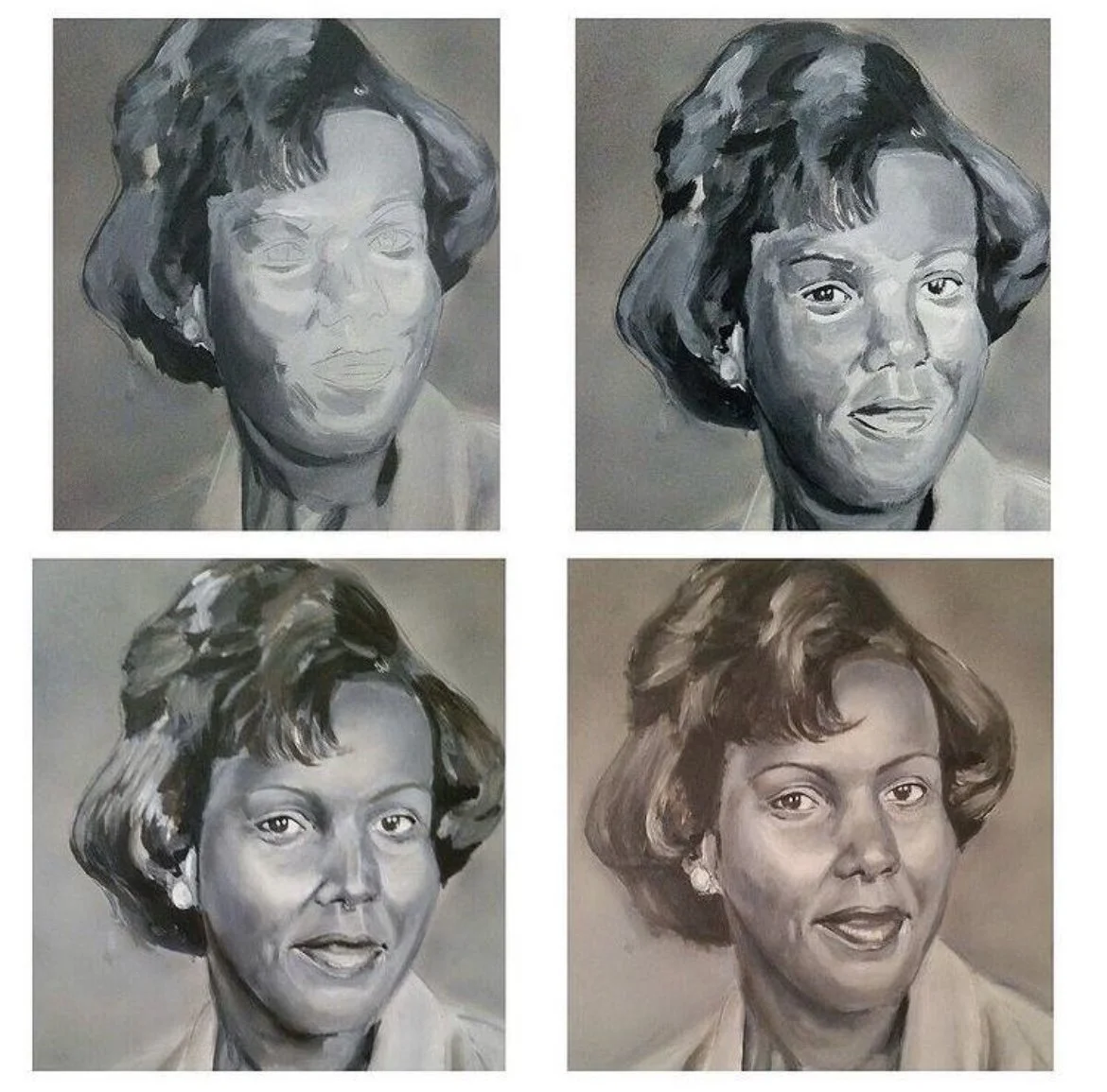 Four grayscale portrait sketches of women, each with different painting phase, arranged in a 2x2 grid.