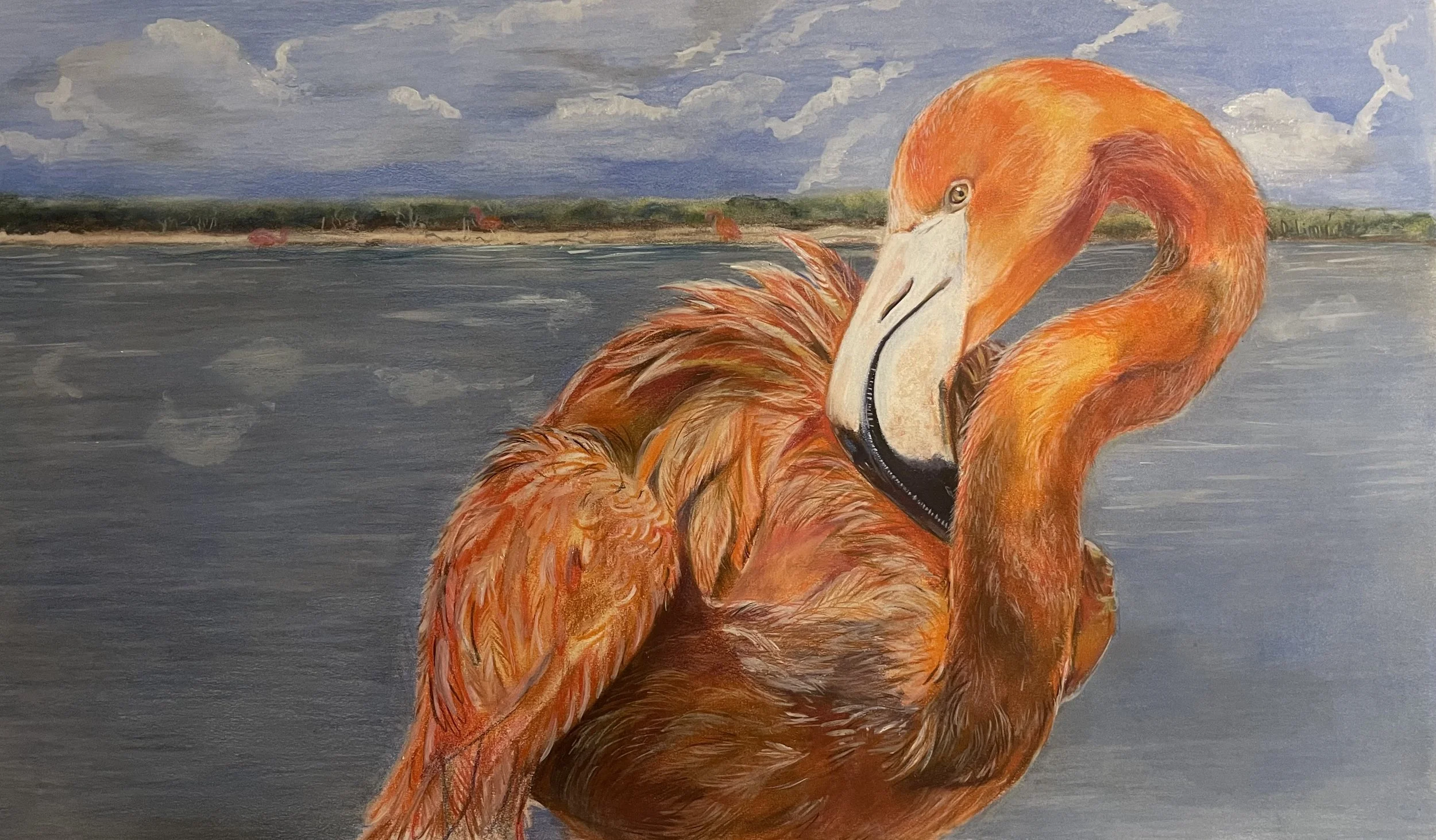 A painting of a flamingo standing in front of a lake or river with a cloudy sky and distant land with trees.
