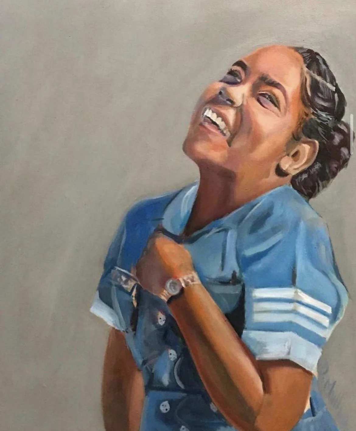 Painting of a woman laughing, wearing a blue nurse uniform , with her hand on her chest, against a plain background.