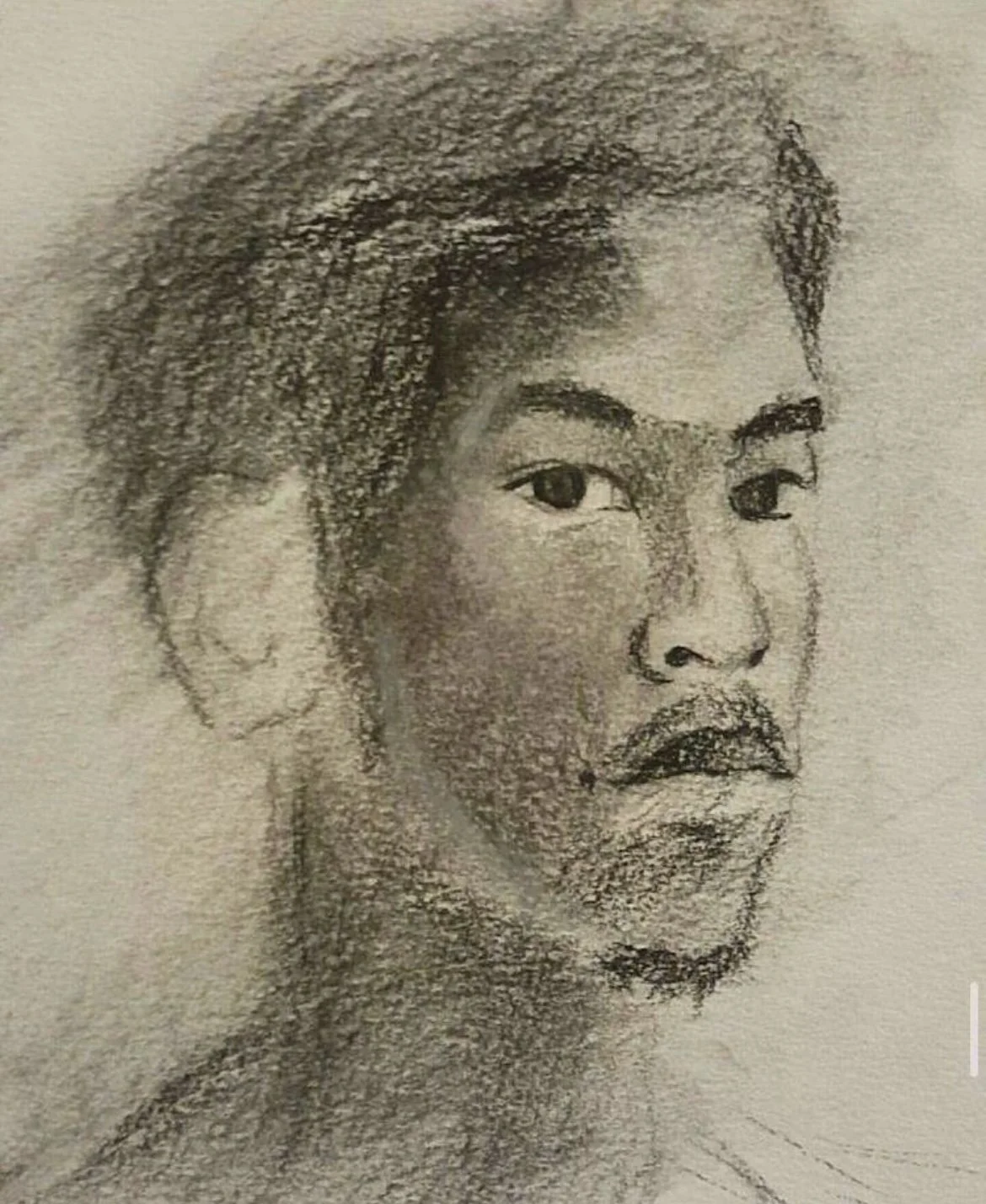 A pencil sketch portrait of a man with short hair, mustache, and chiseled facial features, facing slightly to the right.