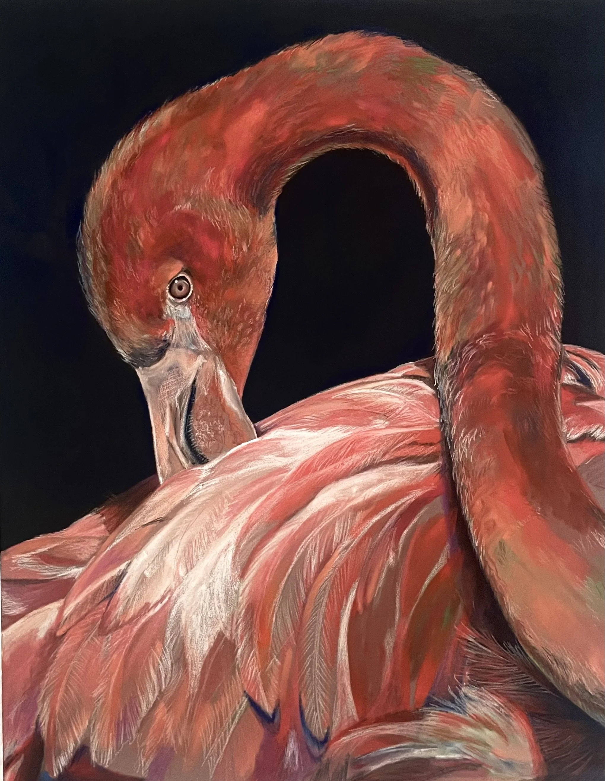 A painting of a pair of flamingos, with one flamingo bending its neck gracefully to the side, featuring pink and orange feathers against a black background.
