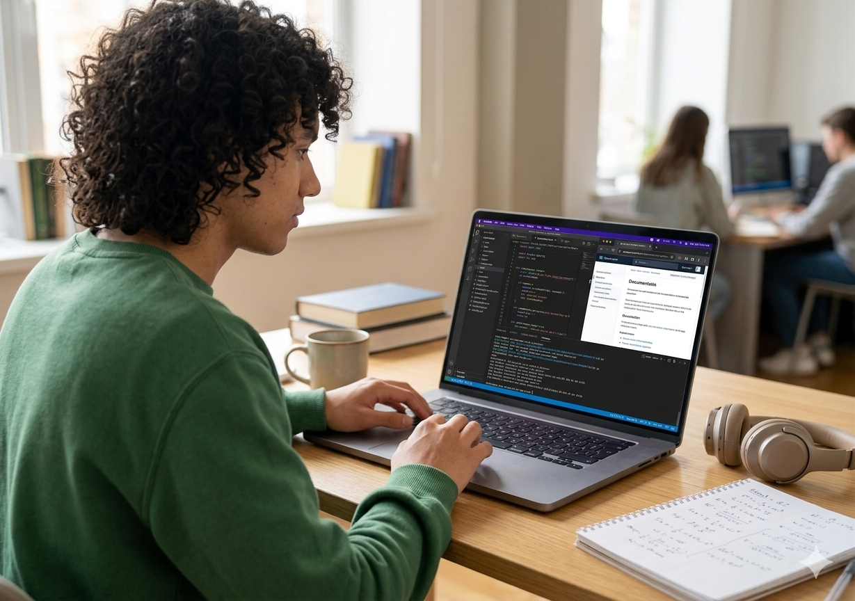 A person with curly hair working on a laptop at a wooden desk, with headphones, notebooks, and a coffee mug, in a bright room with windows. In the background, two people are working at computers.