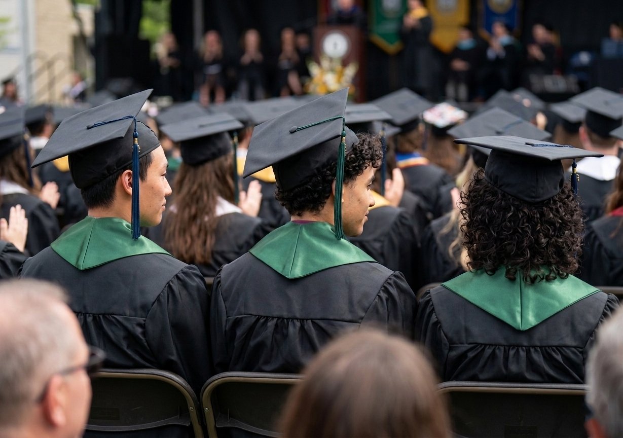 Graduates in black caps and gowns with green sashes attending outdoor commencement ceremony, seated in rows, facing forward.