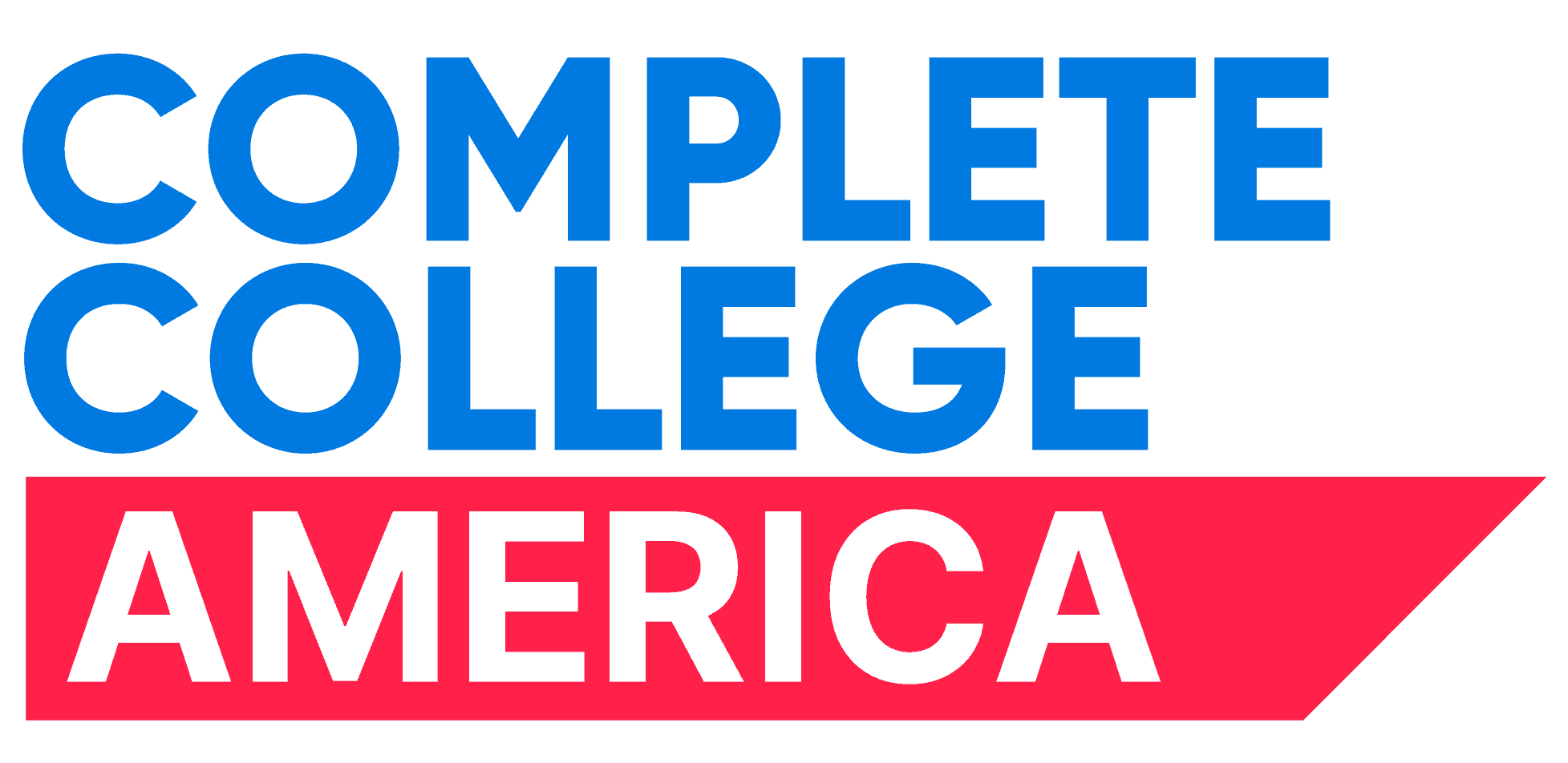 Logo with the words 'Complete College America' in blue on a pink background with a red banner.