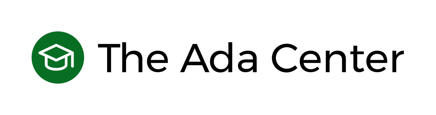 Logo featuring a green circle with a black graduation cap icon, and black text that says "The Ada Center".
