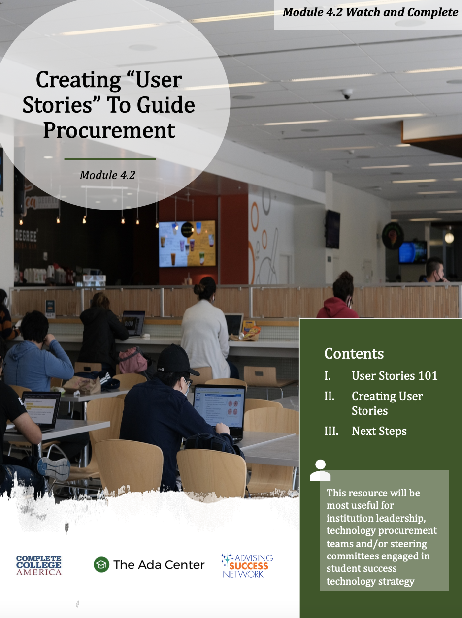 A diverse group of people working on laptops at a table in a modern indoor space, with a menu board and digital screens in the background, and the cover page for a guide titled 'Creating User Stories To Guide Procurement'