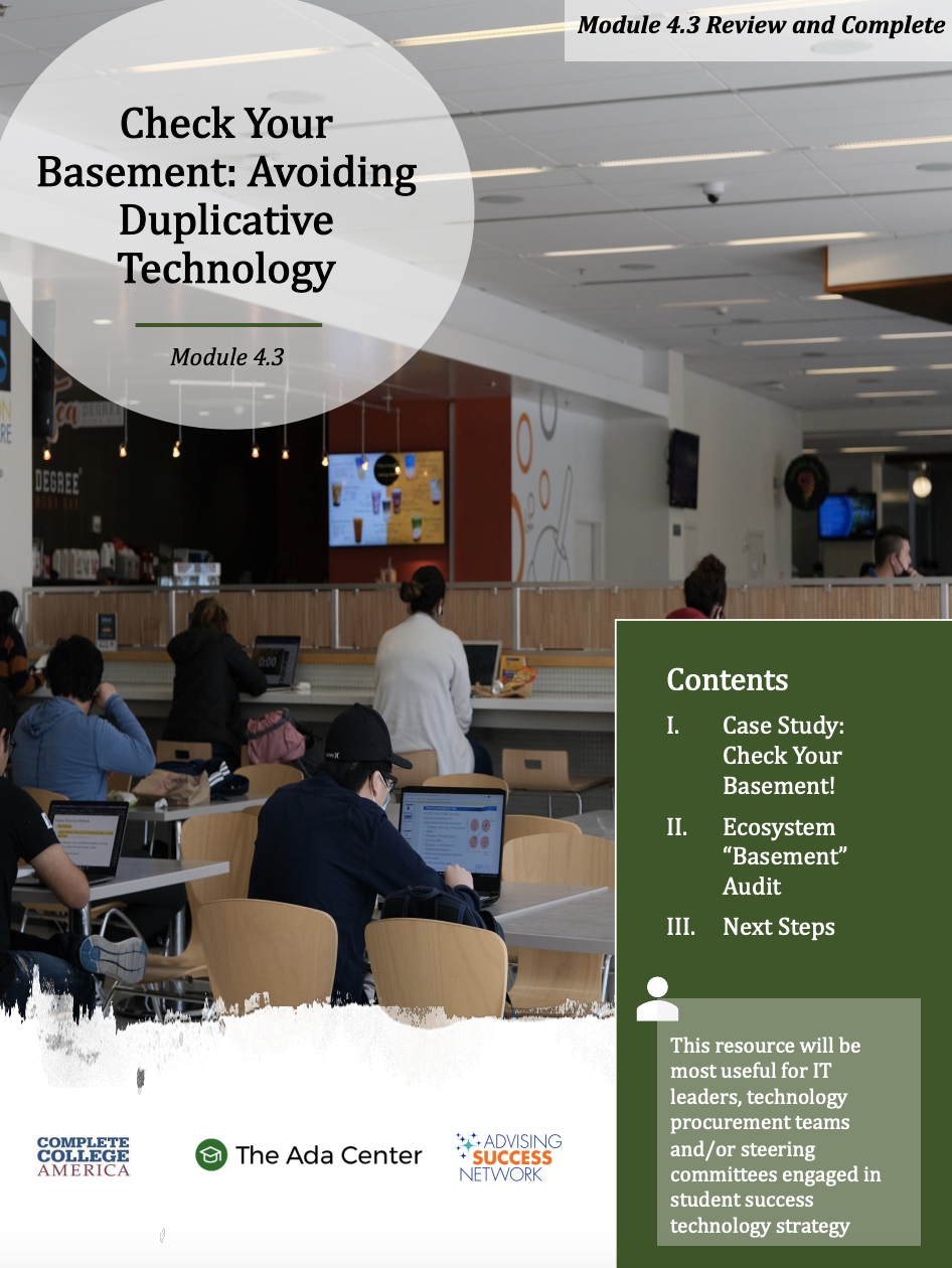 People working on laptops in a cafeteria or study area, with a green booklet titled 'Check Your Basement: Avoiding Duplicative Technology' held by someone in the foreground, and a large circle with text over a background of tables and digital screens.