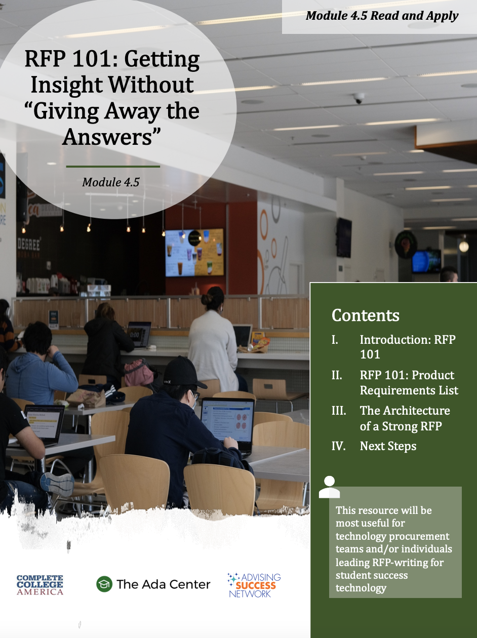 Cover page of a booklet titled "RFP 101: Getting Insight Without Gving Away the Answers," Module 4.5. The cover features an image of a busy digital cafe or study area with people working on laptops, and a green content section listing the topics covered.