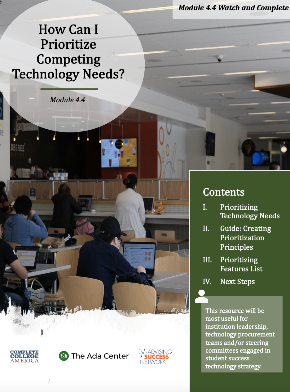 A cover page for a module titled 'How Can I Prioritize Competing Technology Needs?' with a background of people working on laptops in a public indoor setting, possibly a cafe or library, with a green content box listing sections and some logos at the bottom.