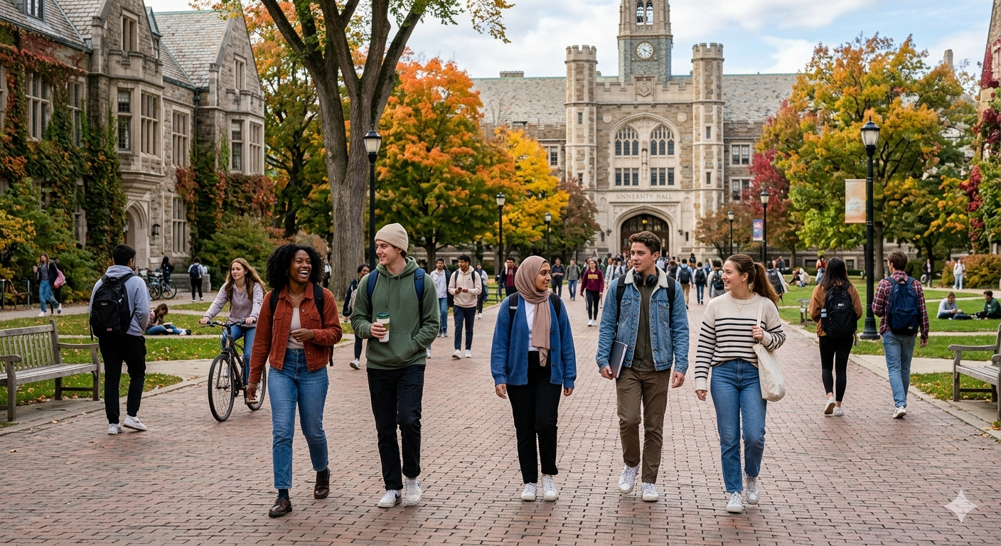 Students walking and talking on a brick pathway in front of a historic university building during fall, with colorful autumn trees.