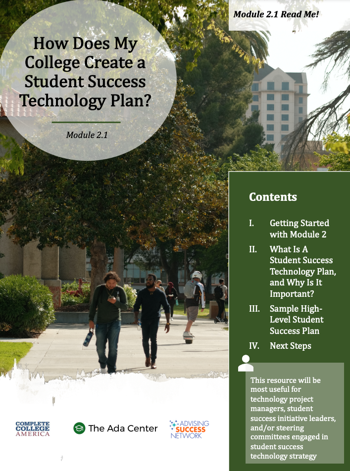 Cover page of a guide titled "How Does My College Create a Student Success Technology Plan?" with a background photo of students walking on a college campus with trees and a tall building in the background, and a contents list on the right side.