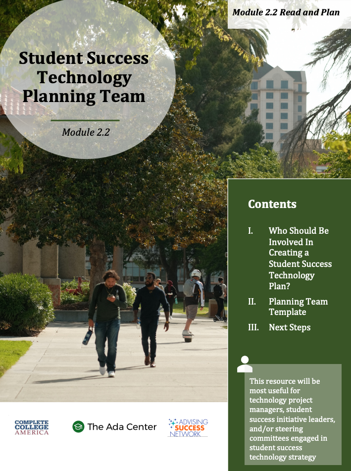 Cover page of a guide titled 'Student Success Technology Planning Team', Module 2.2, with a California college campus photo showing students walking outdoors, and logos for Complete College America, The Ada Center, and Advising Success Network.