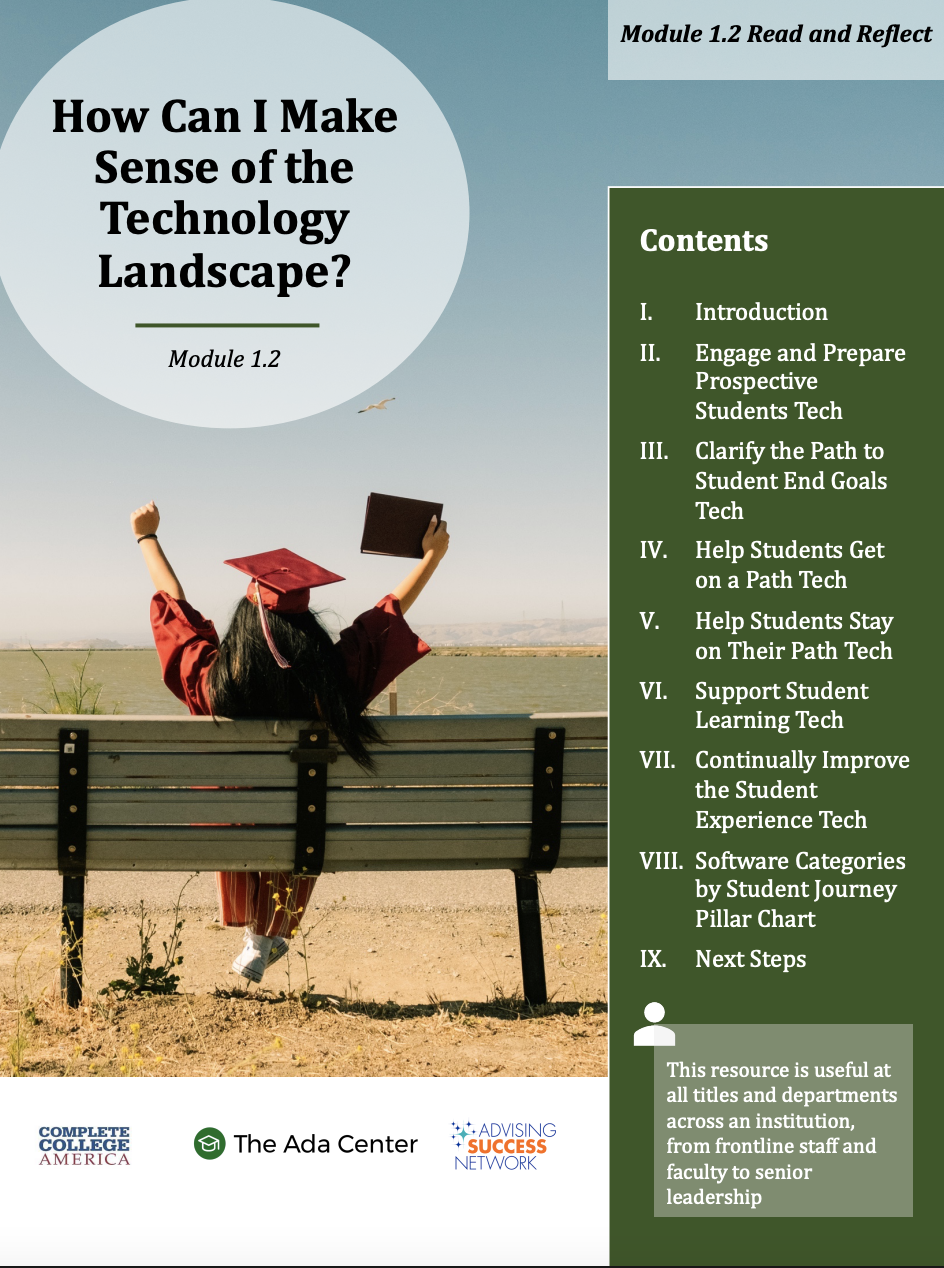 Cover page of a learning module titled 'How Can I Make Sense of the Technology Landscape?' with a photo of a person in a red graduation cap and gown sitting on a park bench, holding a black folder or book in the air, with a clear sky and open landscape in the background.