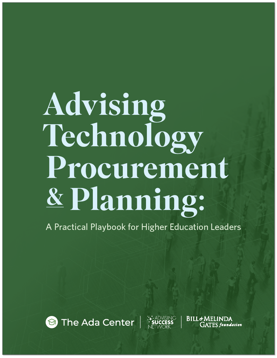Cover of a book titled 'Advising Technology Procurement & Planning: A Practical Playbook for Higher Education Leaders' with a green background and faint grid and people image.