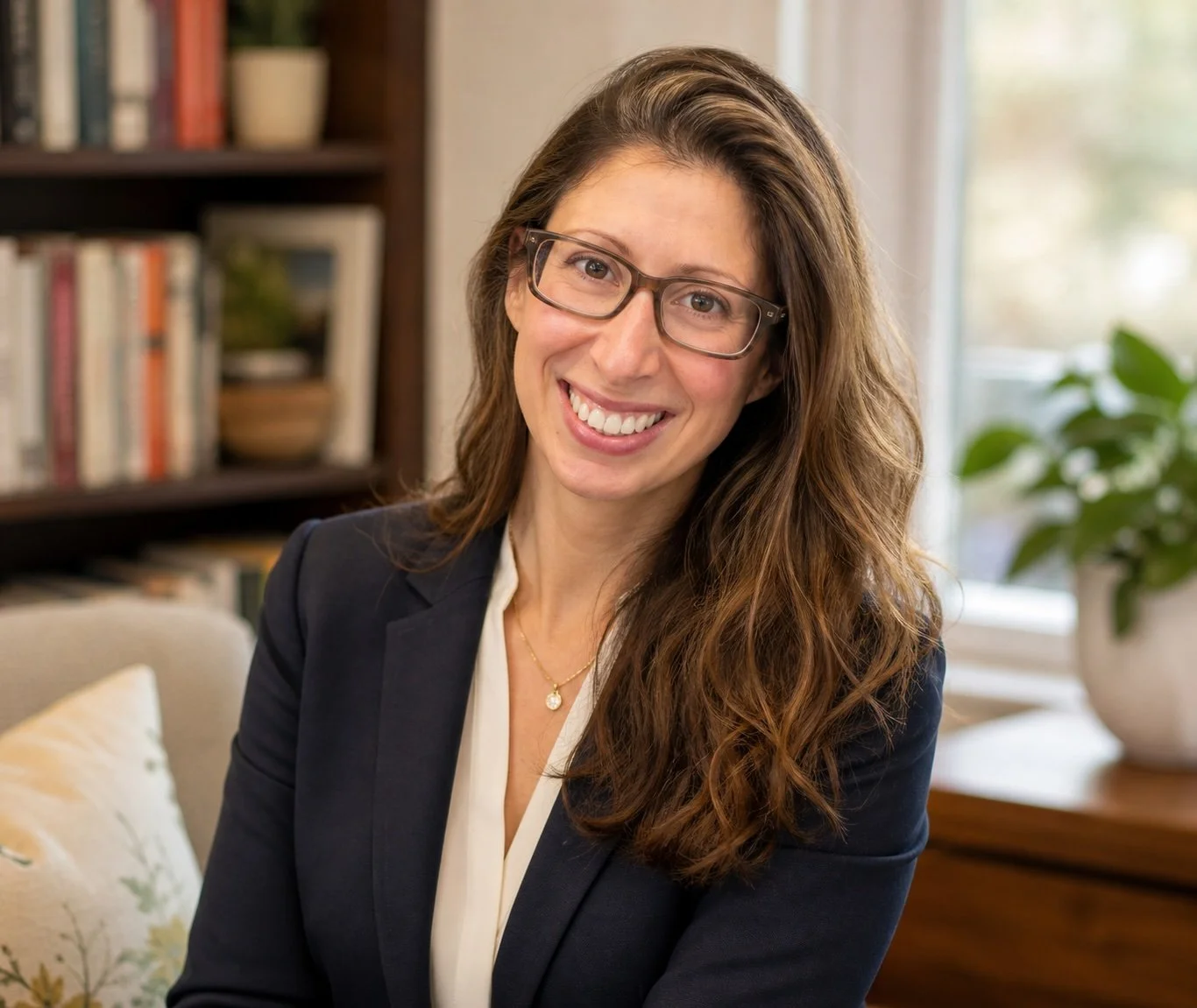 A woman with long brown hair, glasses, and a dark blazer smiling at the camera indoors with a bookshelf and a potted plant in the background.