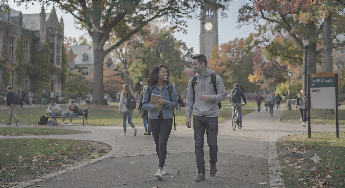 Two students walk and talk on a college campus path, surrounded by trees with fall foliage, other students, benches, and campus buildings in the background.