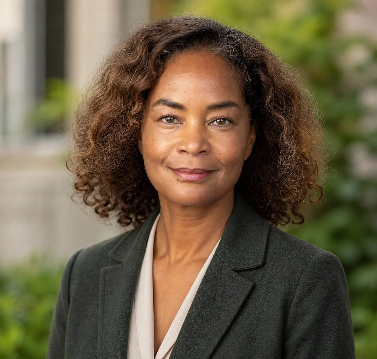 Portrait of a professional woman with curly hair, wearing a dark blazer and light blouse, outdoors with greenery in the background.