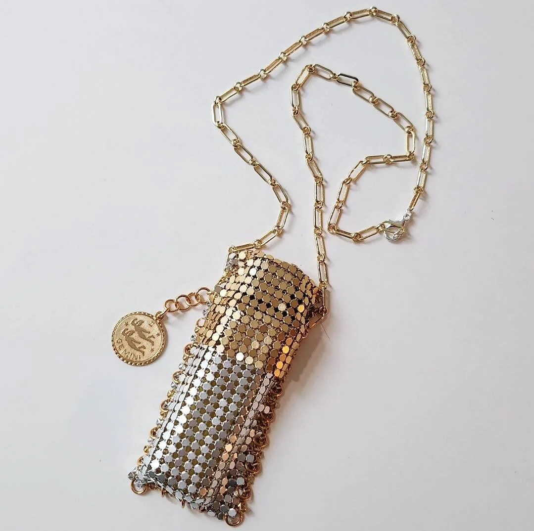 'Two Tone, Two Face' - handmade mesh lighter necklace in gold & silver with Gemini charm (2024)
