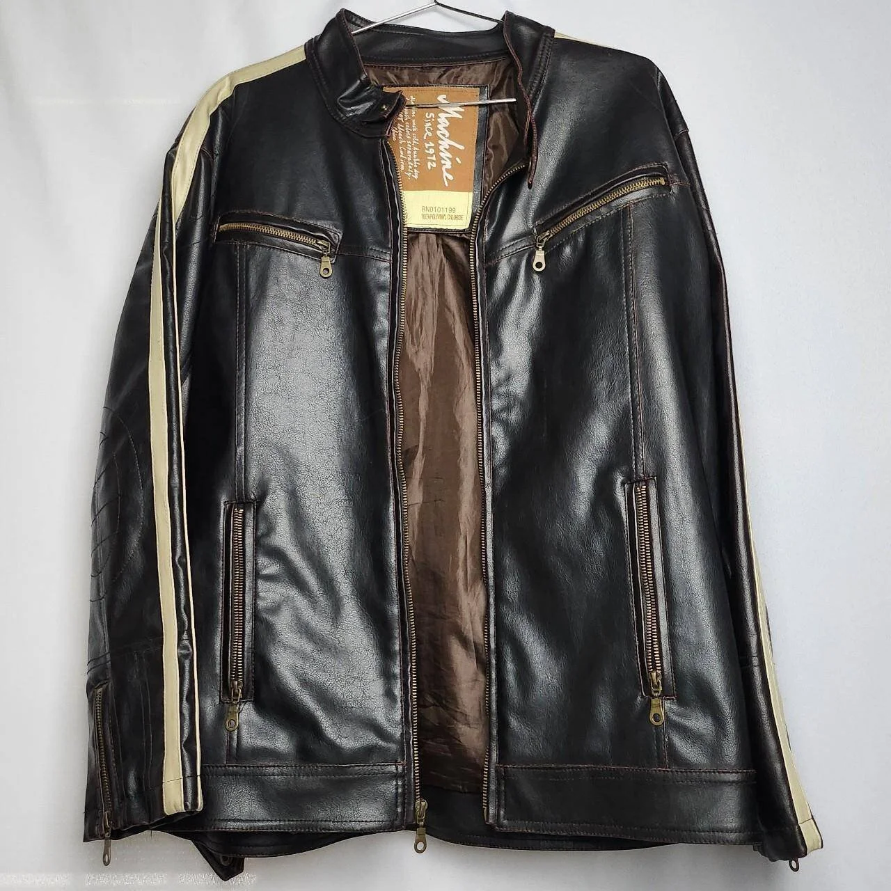 Vintage Black Vegan Leather Motorcycle Jacket with Off White Sleeve Stripe