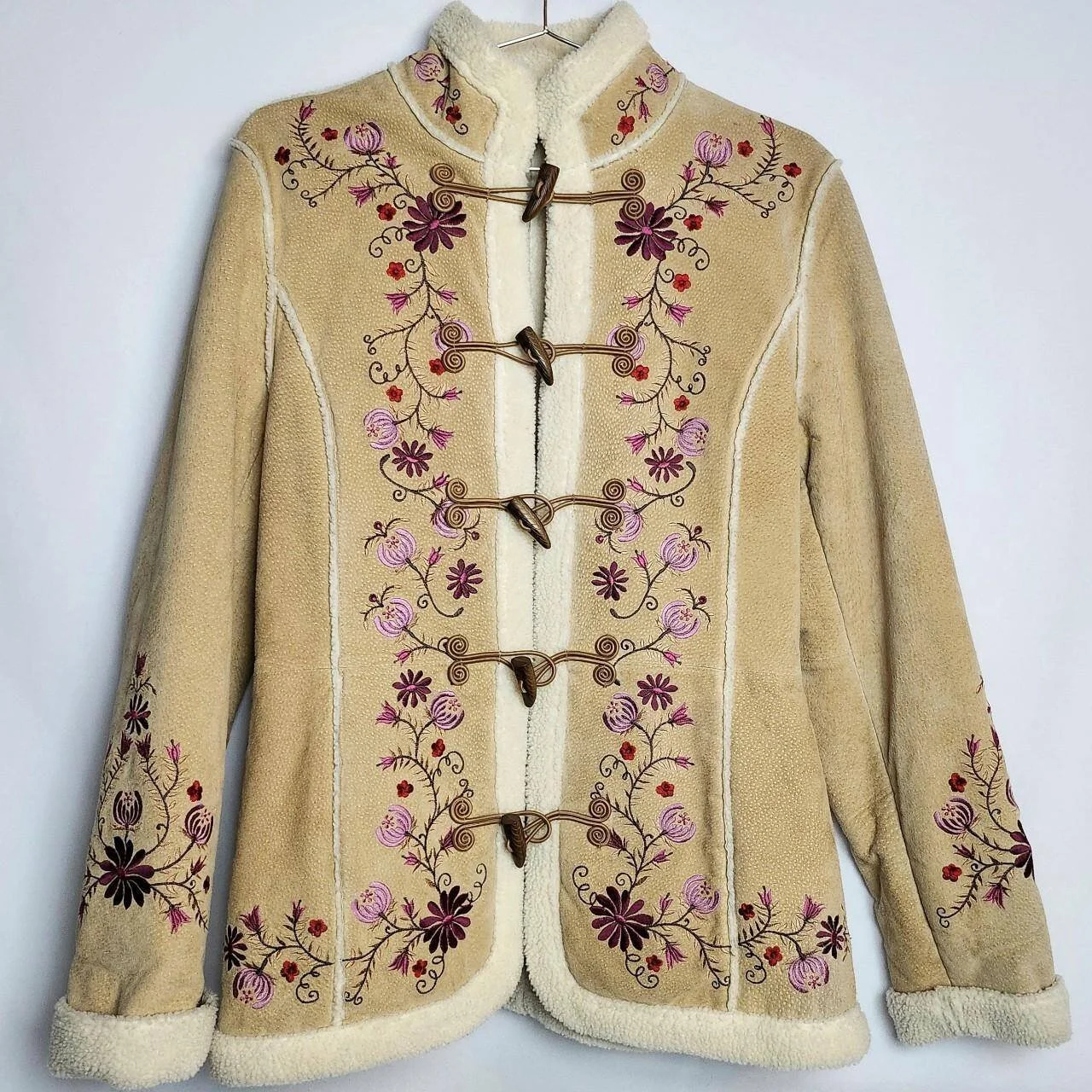 Vintage St. John's Suede Fur Trim Penny Lane Jacket with Pink Floral Embroidery