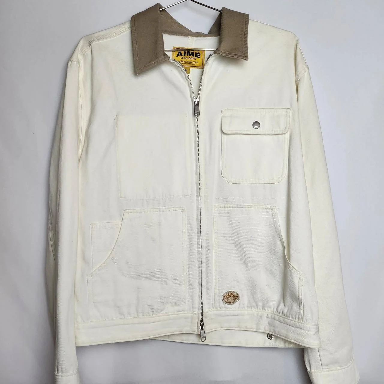 Aime Leon Dore Contrast Collar Workwear Jacket in Taupe and Off White