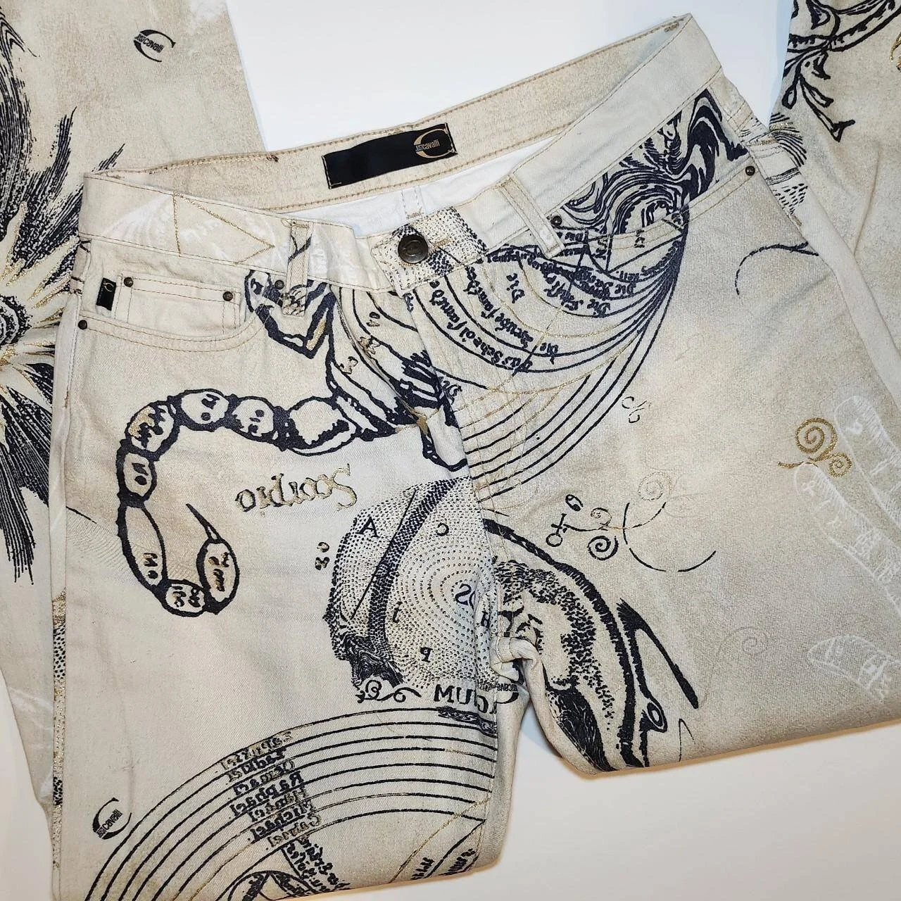 Rare Vintage Cavalli Astrology/Zodiac Printed Jeans in Ivory