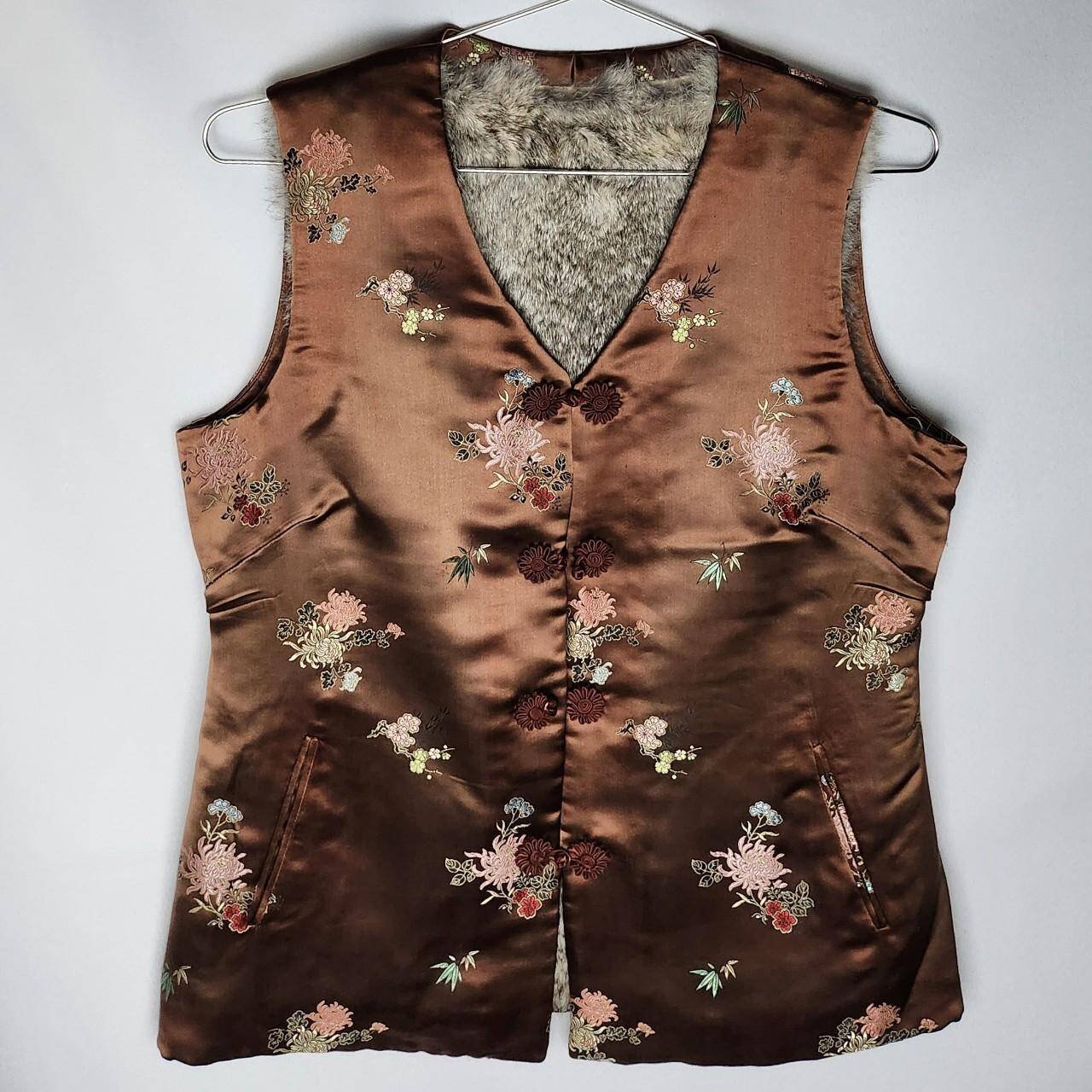 Vintage Brown Silk Reversible Vest, lined with genuine fur and embellished with floral embroidery