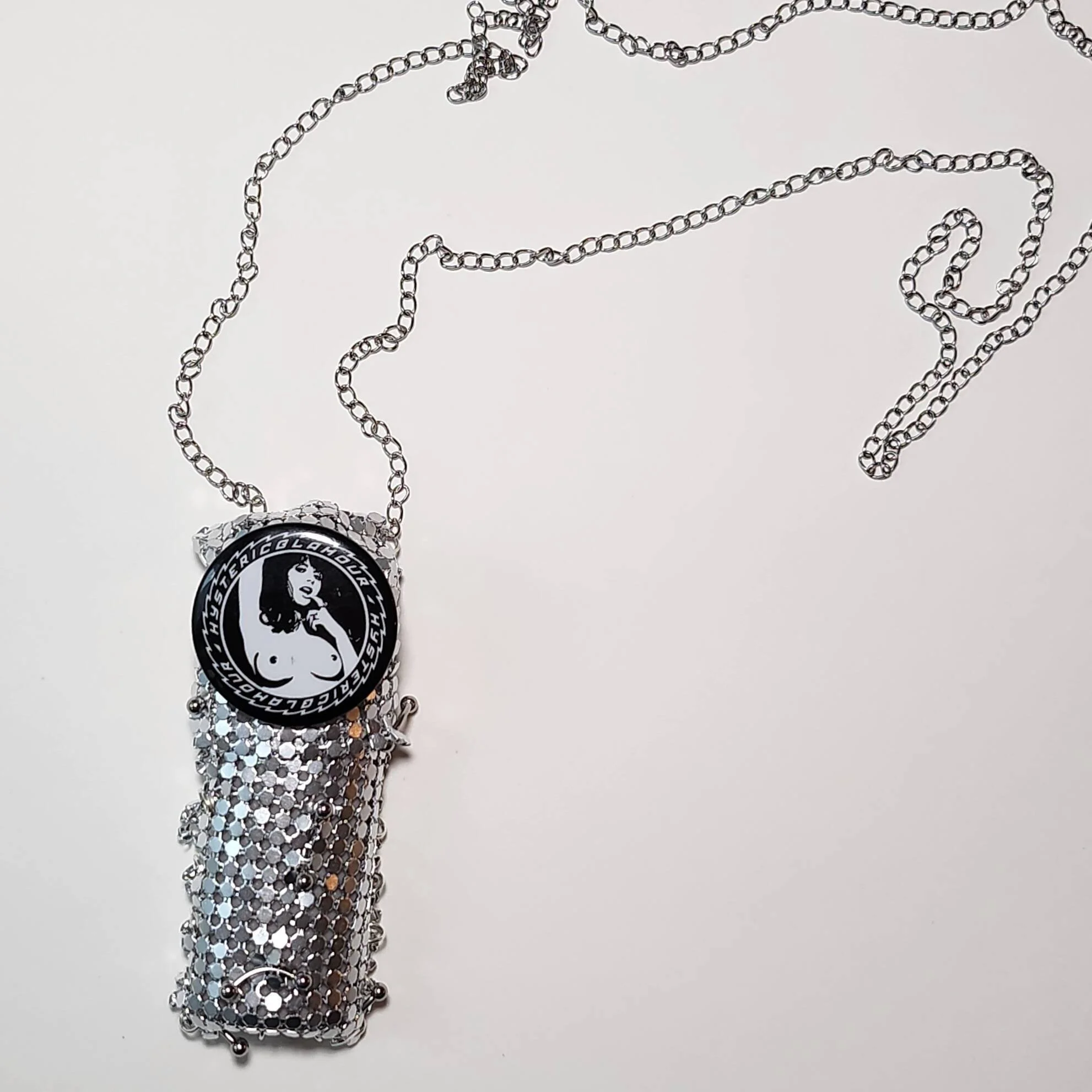 Handmade mesh lighter necklace in silver, pierced & embellished with Hysteric Glamour pin (2024)