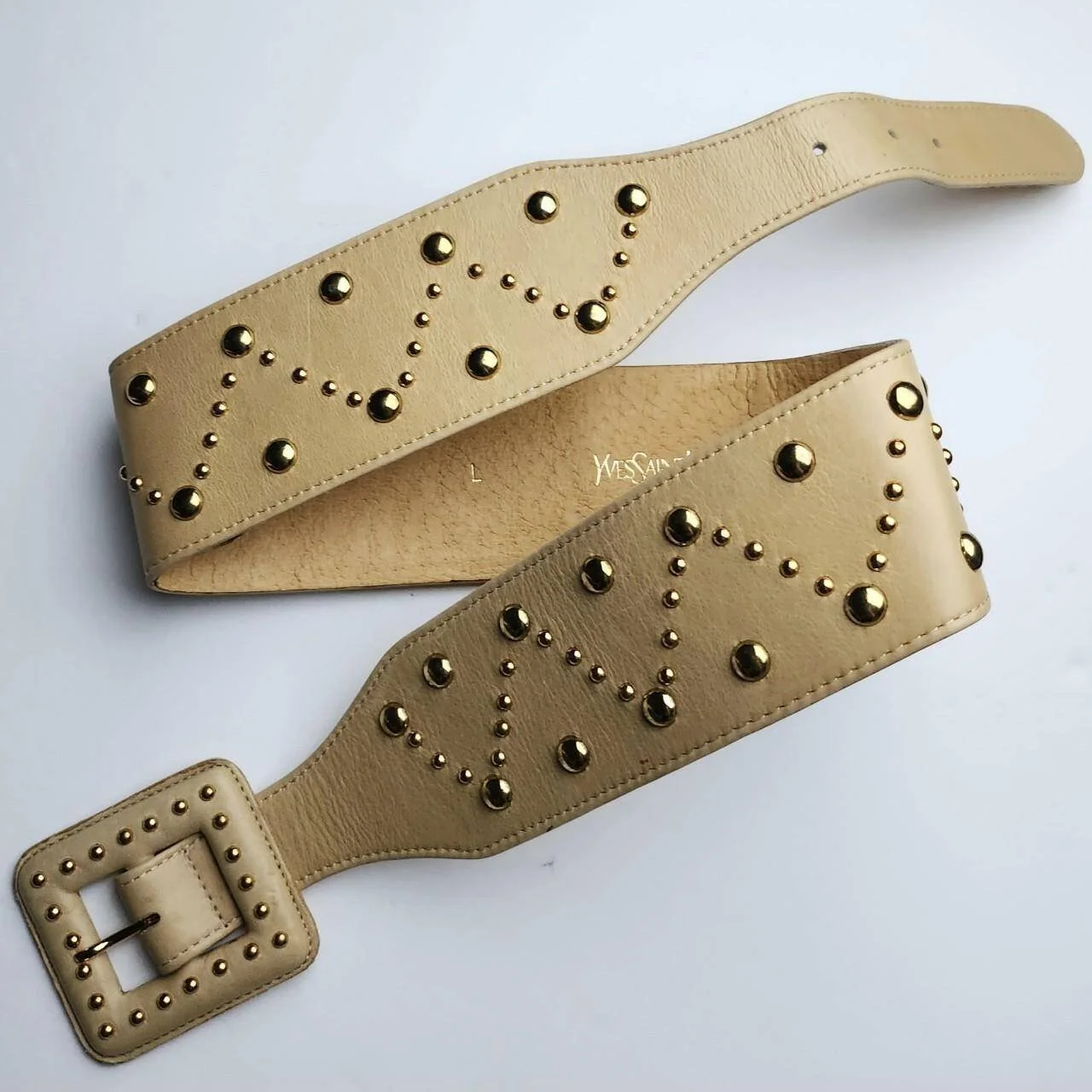 Vintage YSL Leather Studded Chunky Belt in Beige/Tan and Gold