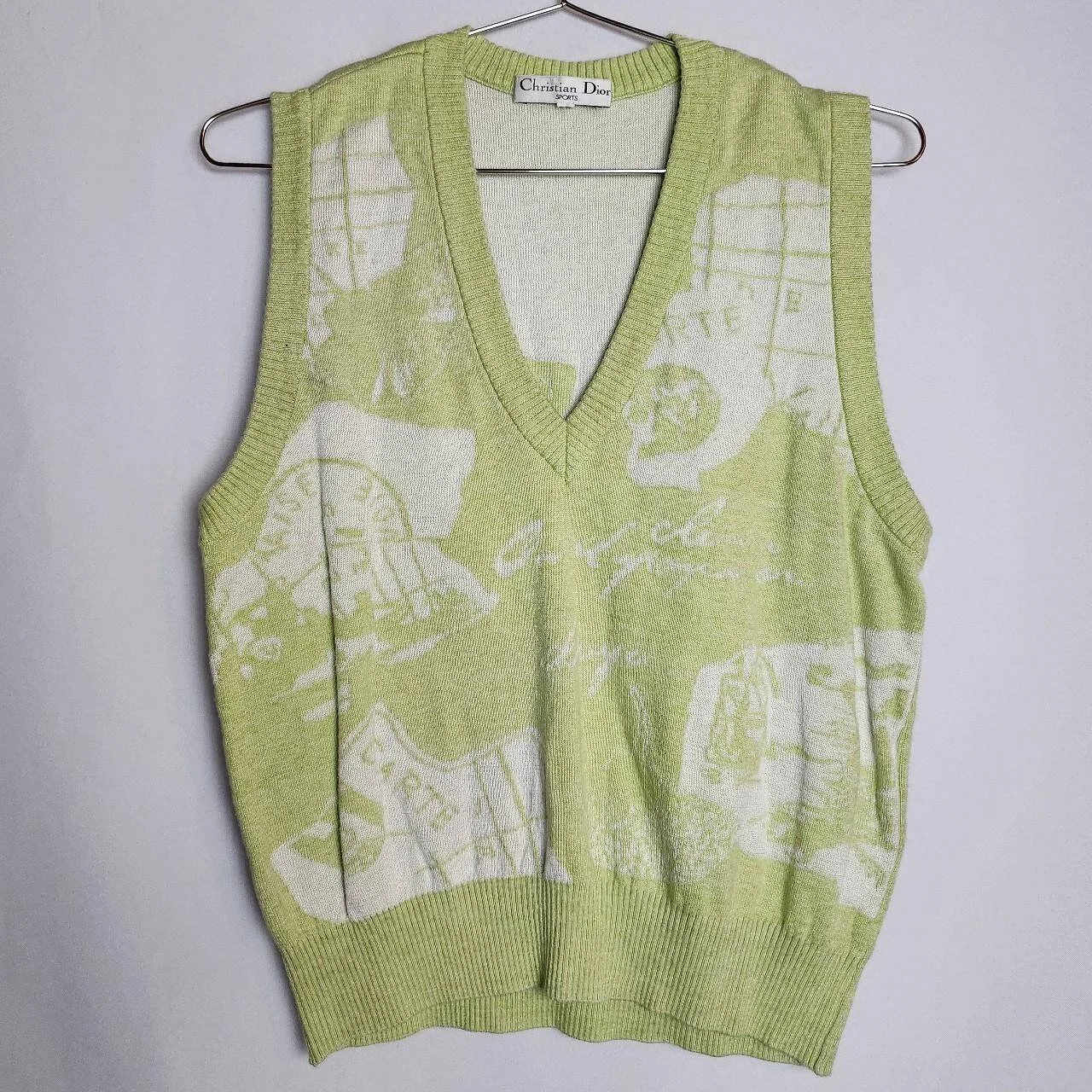 Vintage Christian Dior Printed Knit Sweater Vest in Lime and White